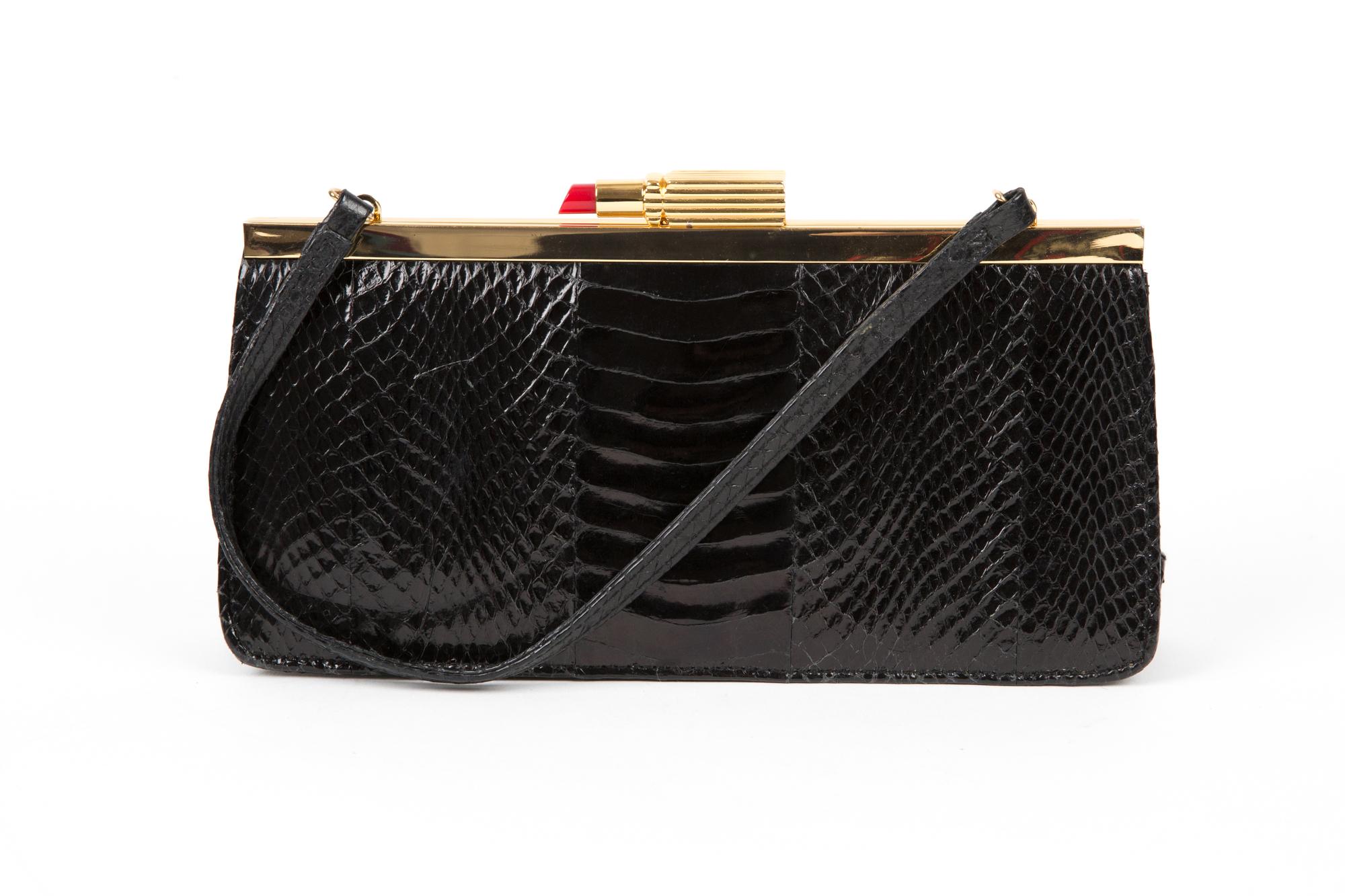 Lulu Guinness Schwarze Lippenstifthandtasche aus Leder  im Angebot 3