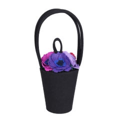 Lulu Guinness - Sac à fleurs vintage en feutre noir, rose, violet, bleu, vert et rouge