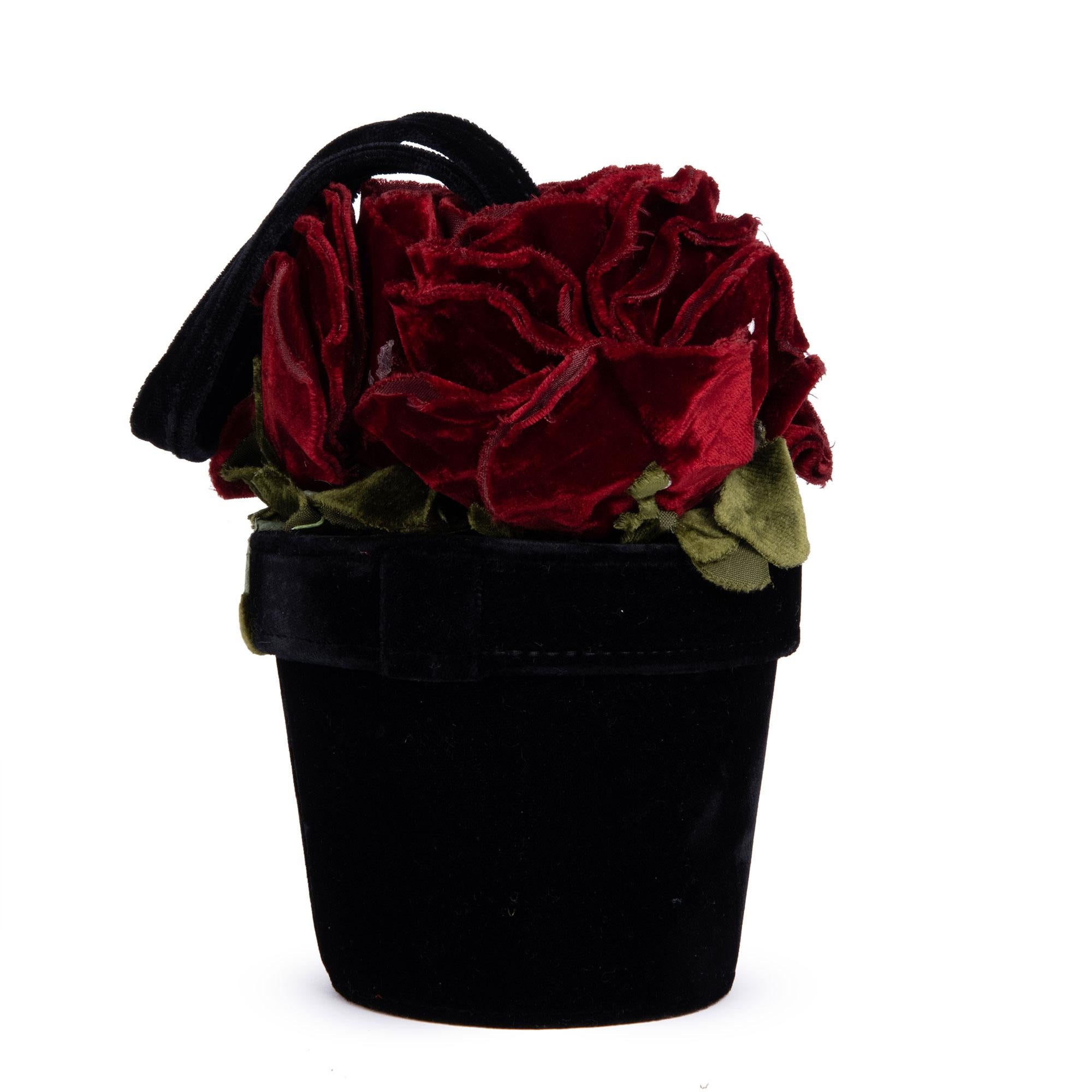 Lulu Guinness Black, Red & Green Velvet Vintage Florist Pot Bag 1