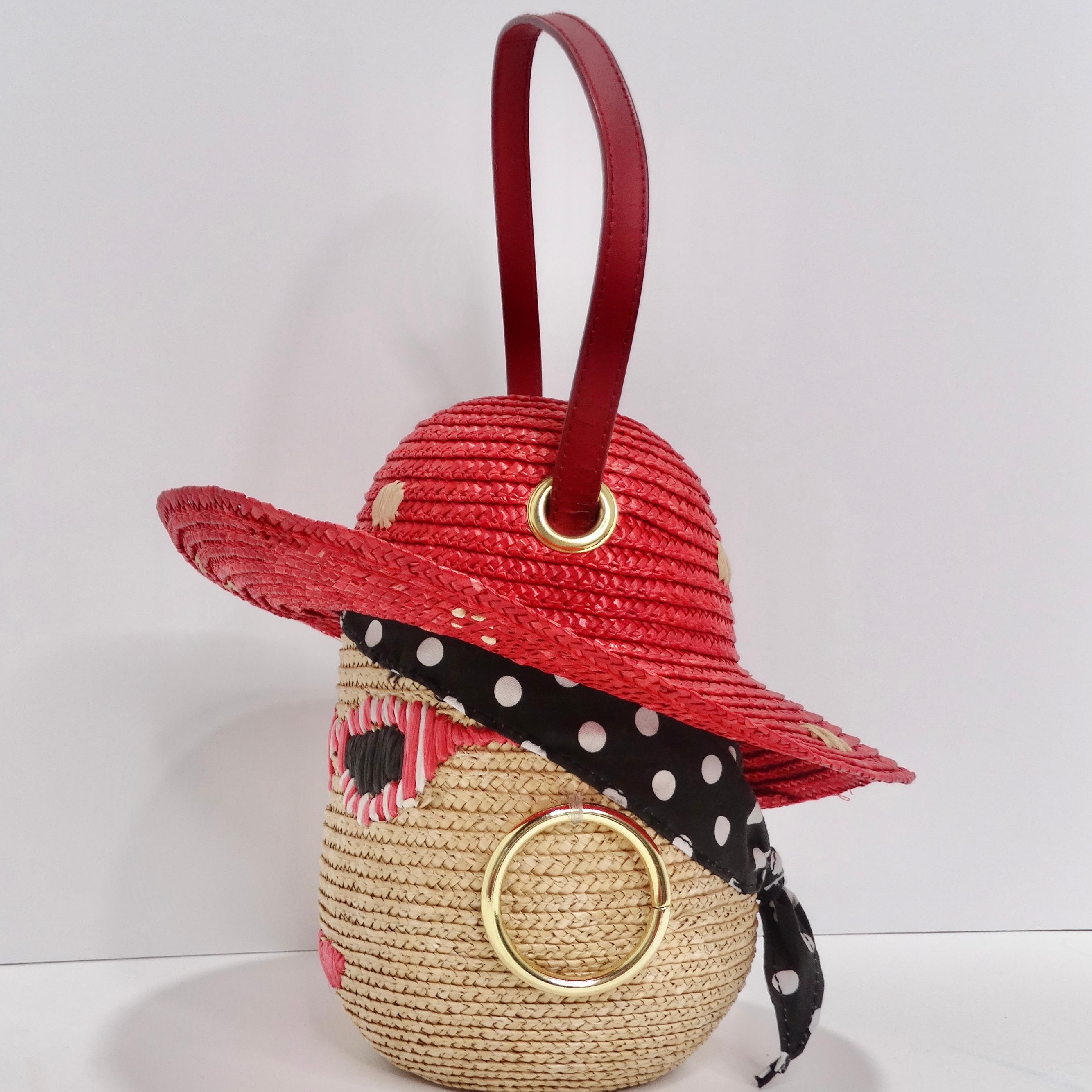 Lulu Guinness Face Motif Raffia Woven Basket In Excellent Condition For Sale In Scottsdale, AZ