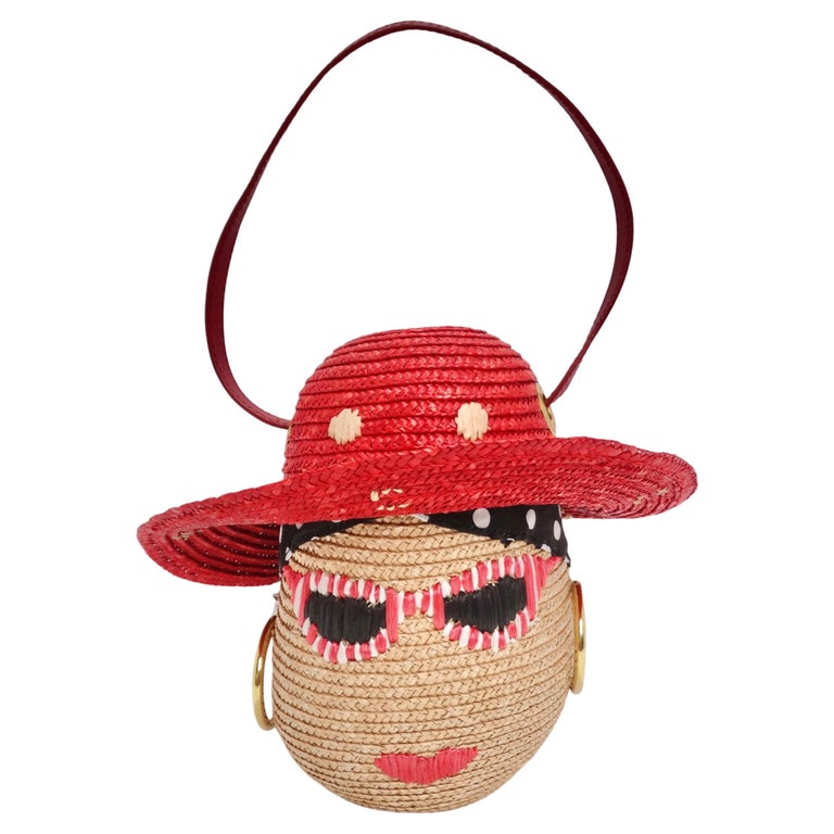 Lulu Guinness Face Motif Raffia Woven Basket For Sale at 1stDibs