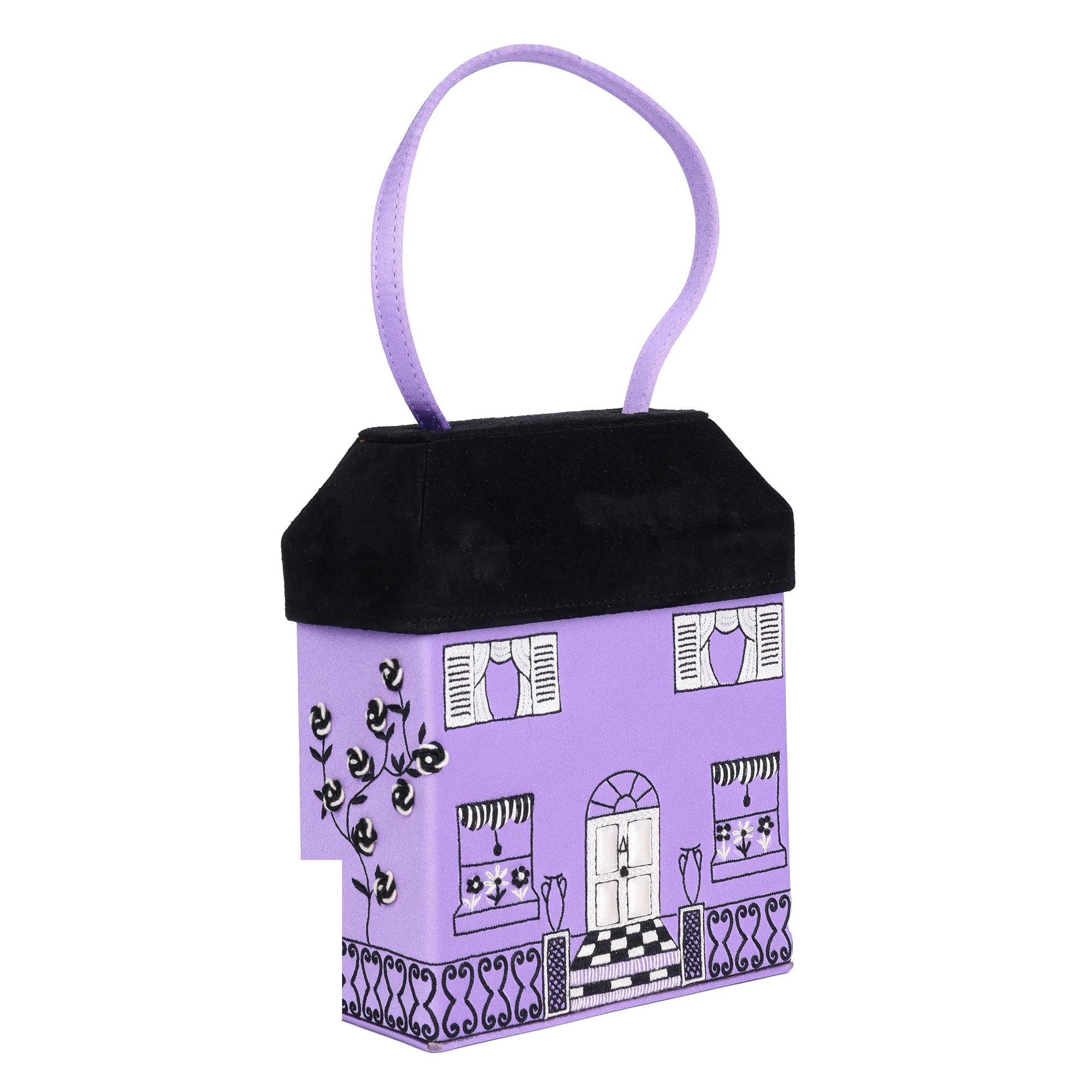 Lulu Guinness Lilac Satin & Black Suede Vintage House Box Bag 2