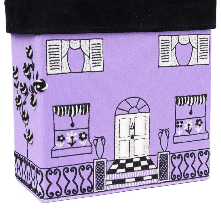 Lulu Guinness Lilac Satin & Black Suede Vintage House Box Bag In Good Condition For Sale In Bishop's Stortford, Hertfordshire