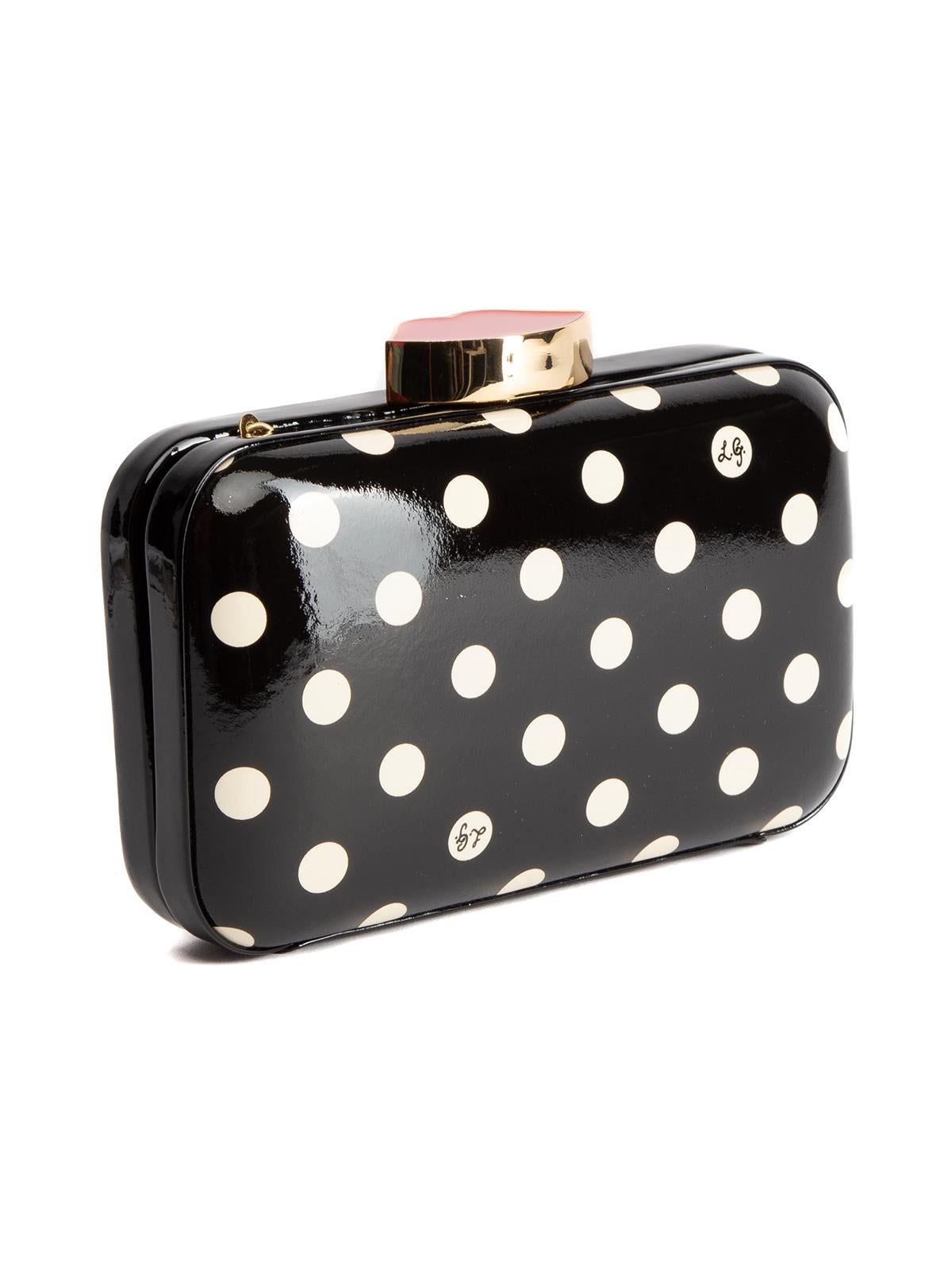 CONDITION is Very good. No visible wear to clutch is evident on this used Lulu Guinness designer resale item. Details Fifi clutch Dot print Patent leather Push lock fastening Black with cream dots and red lips Gold chain strap One main compartment