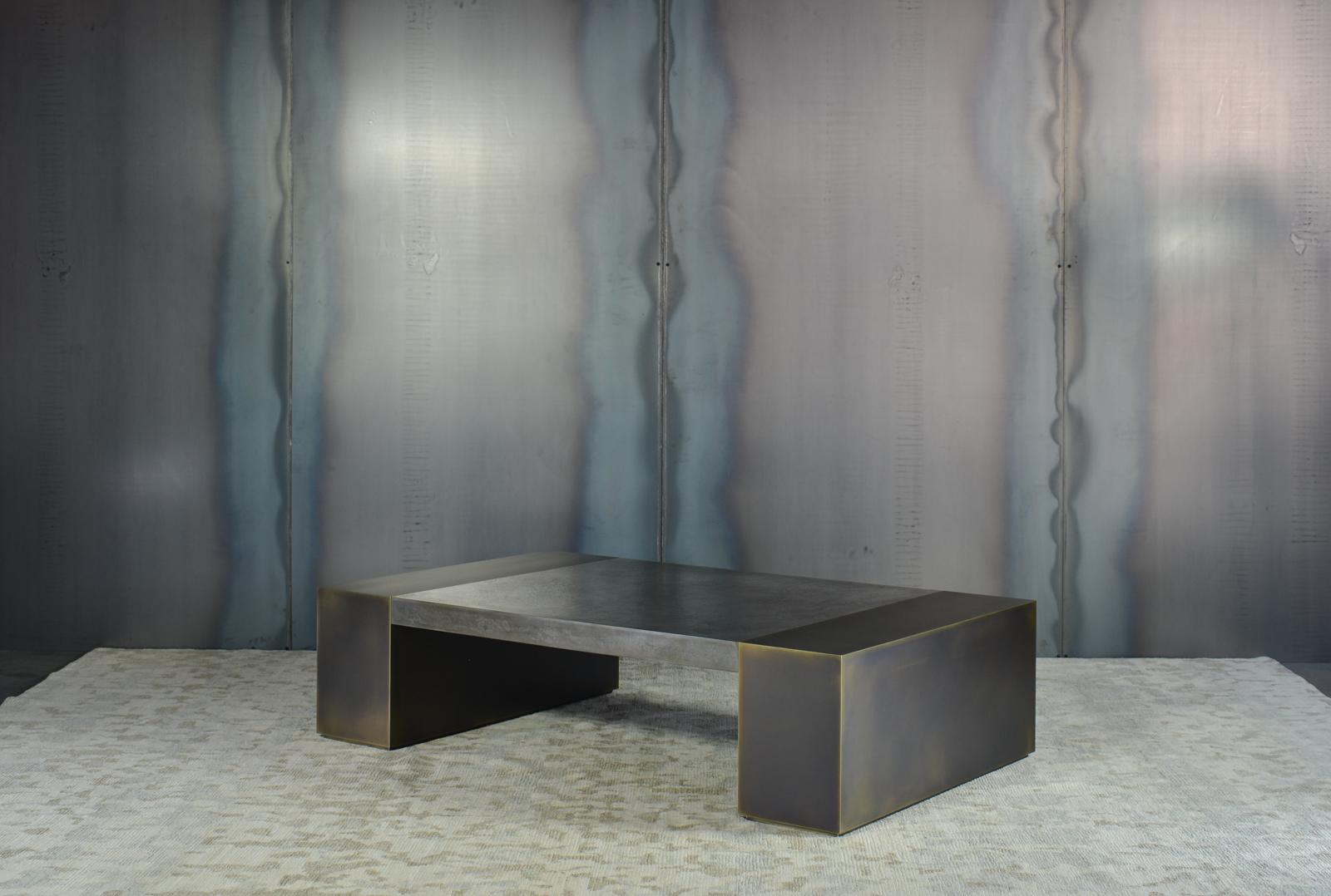 LUMA Design Workshop Block Coffee Table in Dark Resin and Textured Bronze Metal For Sale 3