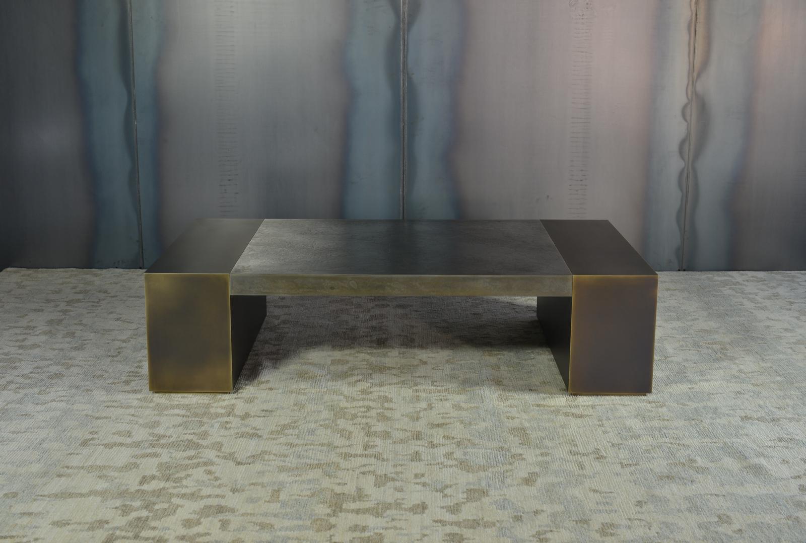 LUMA Design Workshop Block Coffee Table in Dark Resin and Textured Bronze Metal For Sale 1