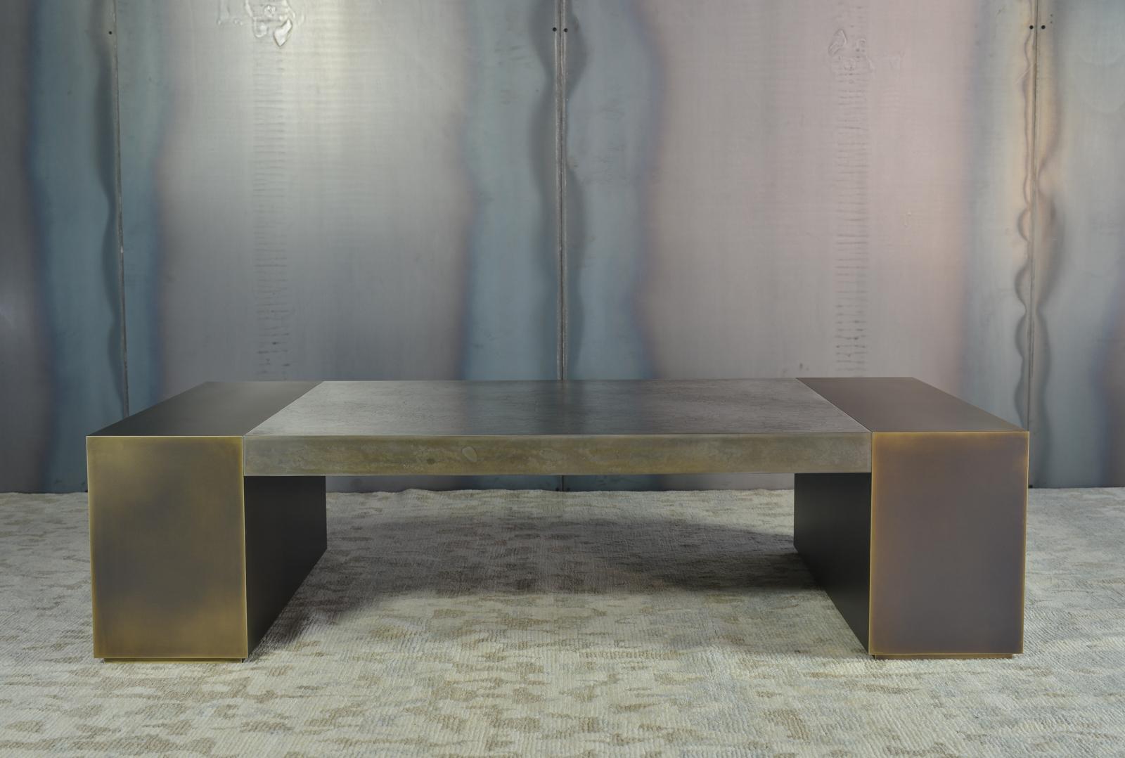 LUMA Design Workshop Block Coffee Table in Dark Resin and Textured Bronze Metal For Sale 2