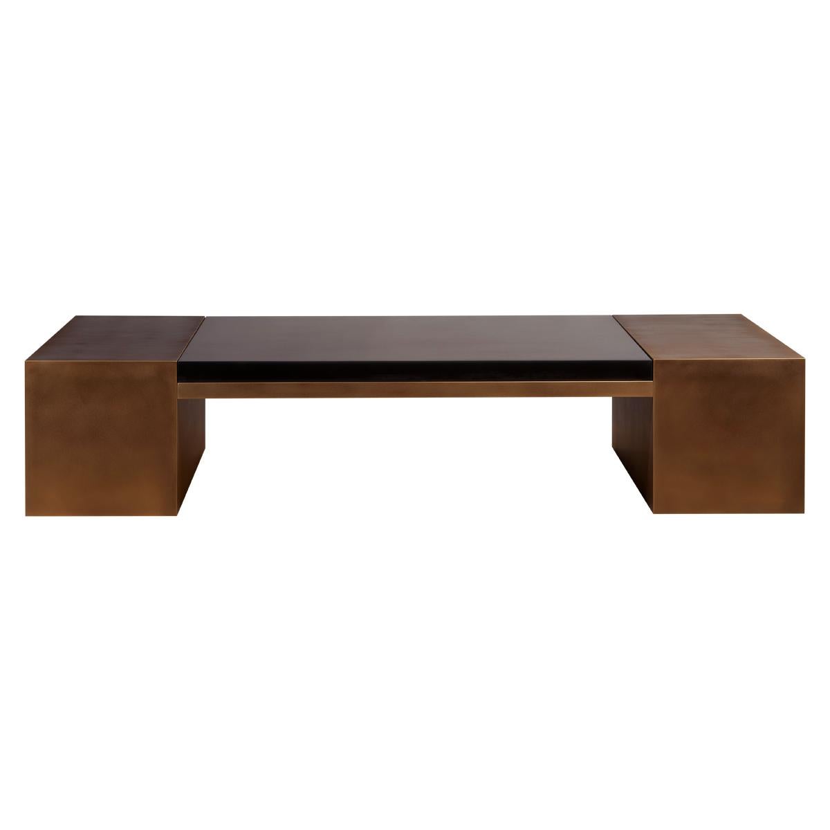 LUMA Design Workshop Block Coffee Table in Dark Resin and Textured Bronze Metal For Sale