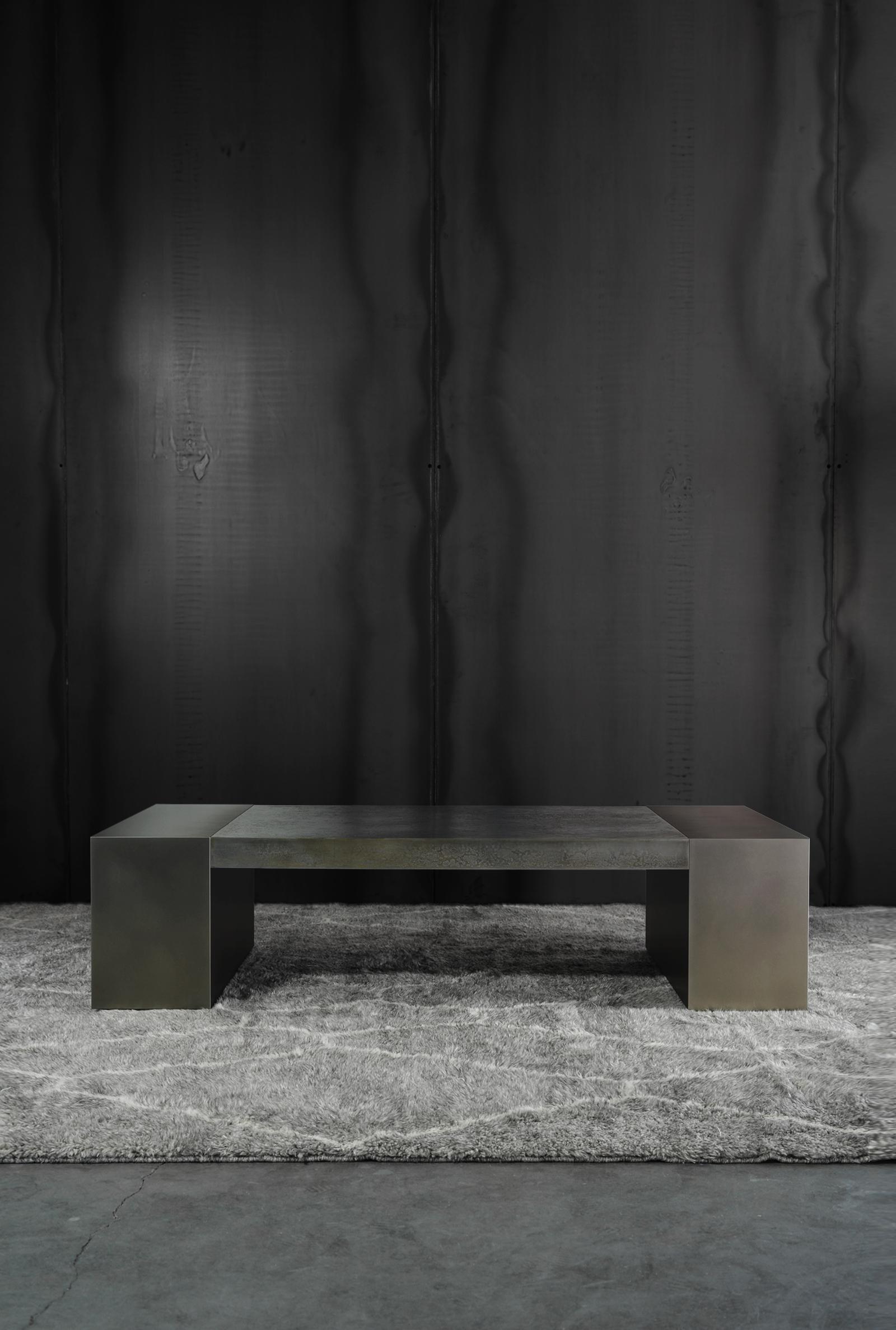 The LUMA Design Workshop block coffee table is the result of thoughtful design and expert craftsmanship. A shale pyrite textured metal top sits between two nickel bases.
 
Like all LUMA Furniture, this piece is made to order, and can be crafted to