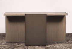 LUMA Design Workshop Flip Console Table in Stone Gray Wood and Dark Black Metal
