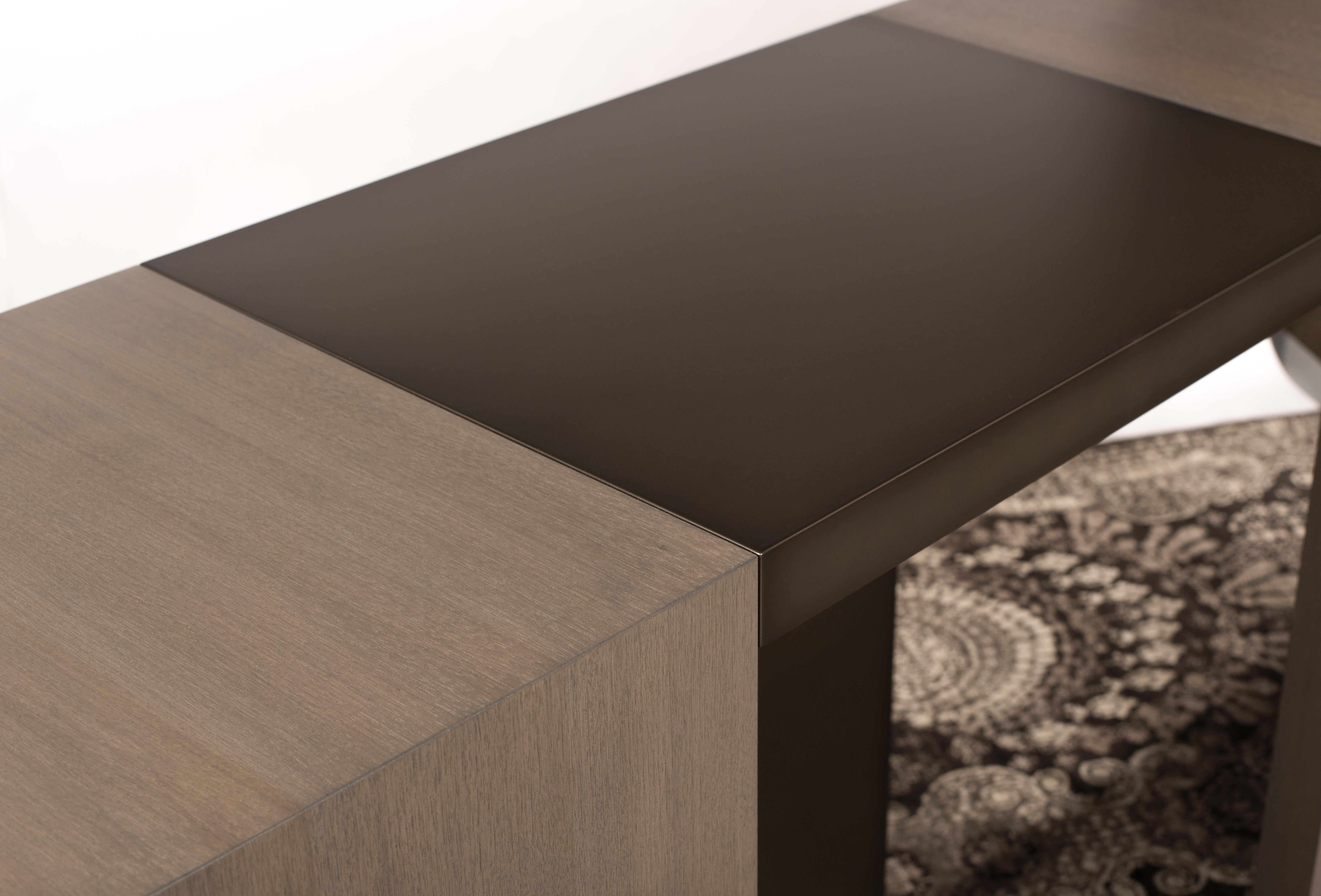 Modern LUMA Design Workshop Flip Console Table in Stone Gray Wood and Dark Black Metal For Sale
