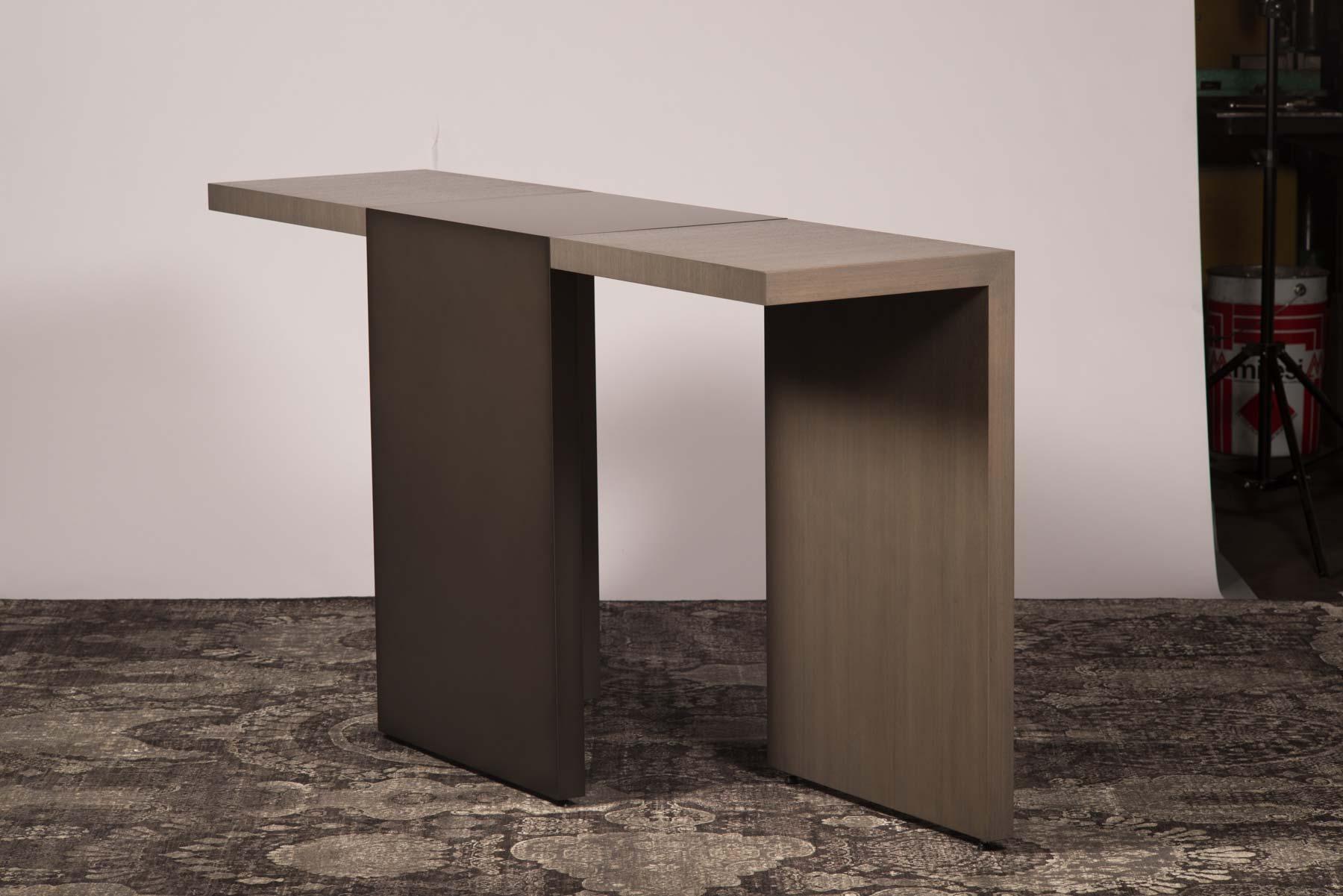 Oak LUMA Design Workshop Flip Console Table in Stone Gray Wood and Dark Black Metal For Sale