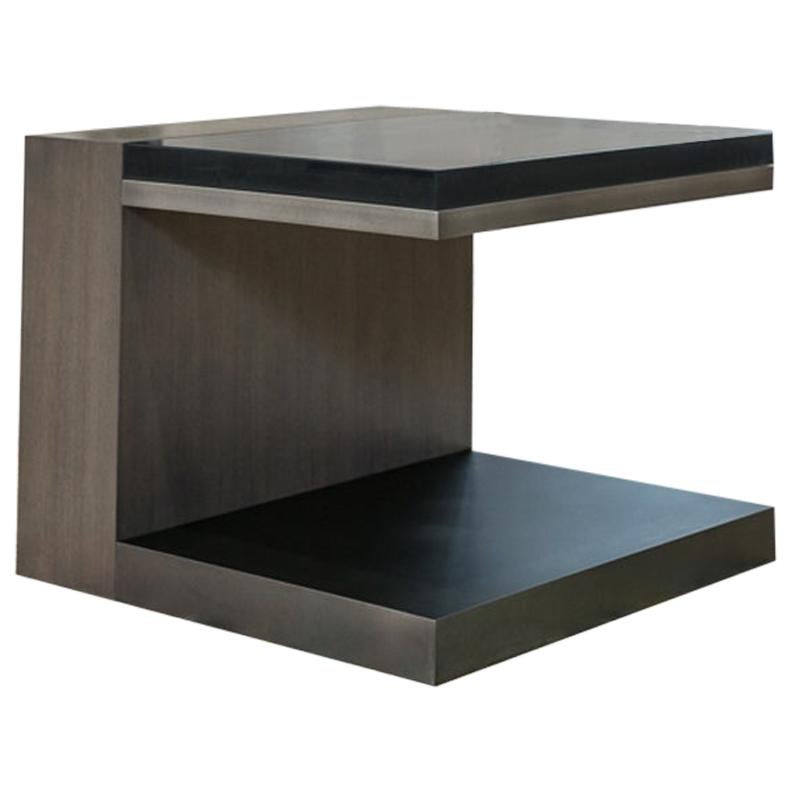 LUMA Design Workshop Float Side Table in Gray wood, Dark Gray Metal, and Resin For Sale