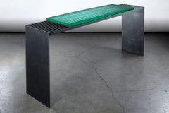 LUMA Design Workshop Runway Console Table in Green Cast Glass and Black Metal