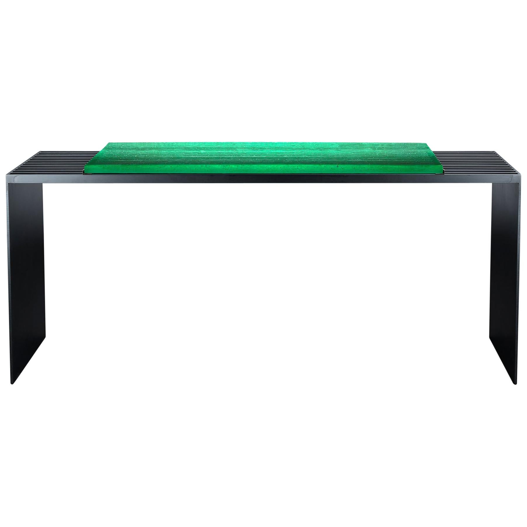 LUMA Design Workshop Runway Console Table in Green Cast Glass and Black Metal For Sale