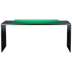 LUMA Design Workshop Runway Console Table in Green Cast Glass and Black Metal