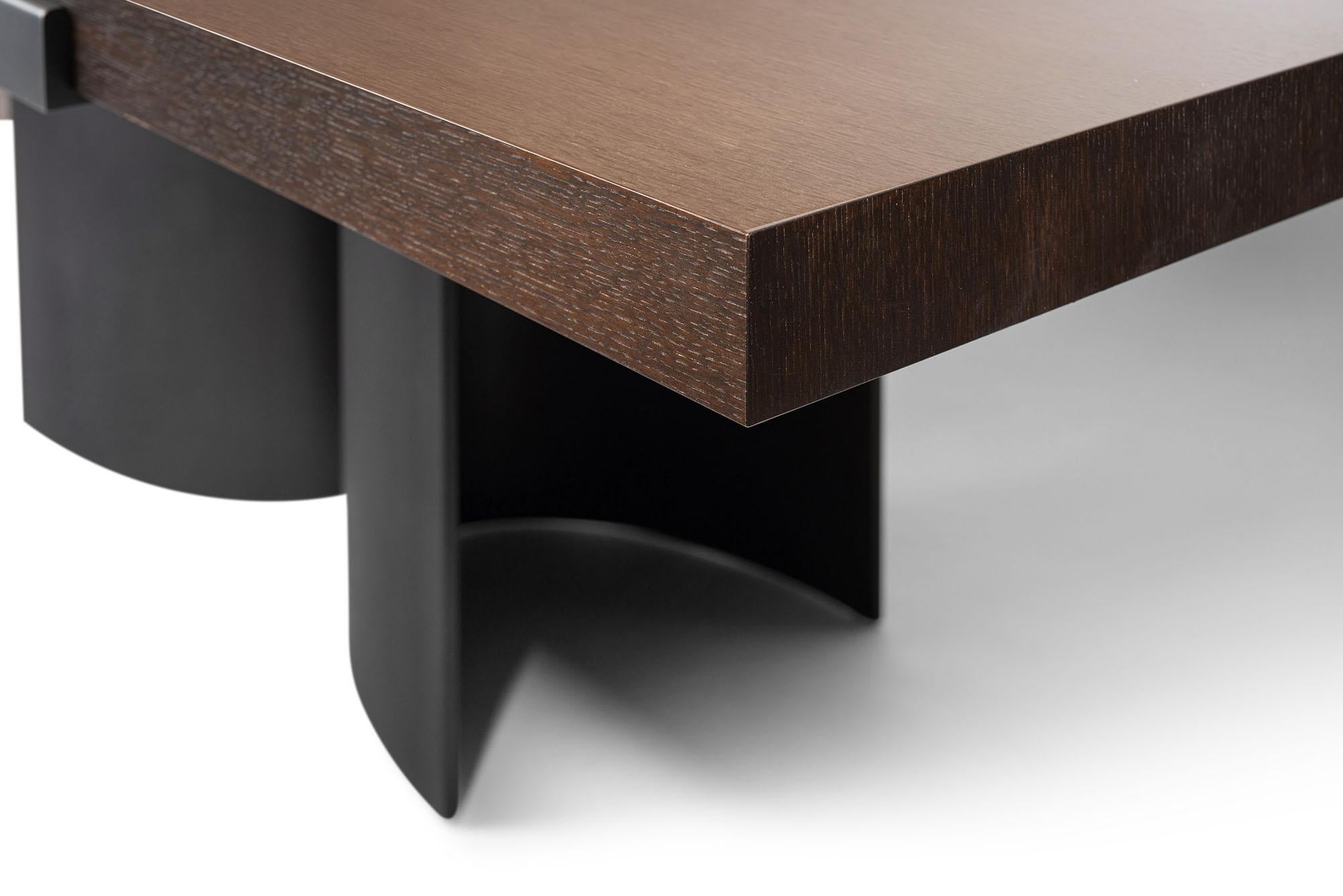 Steel Luma Design Workshop Silo Grip Dining Table in Dark Wood and Dark Antique Metal For Sale