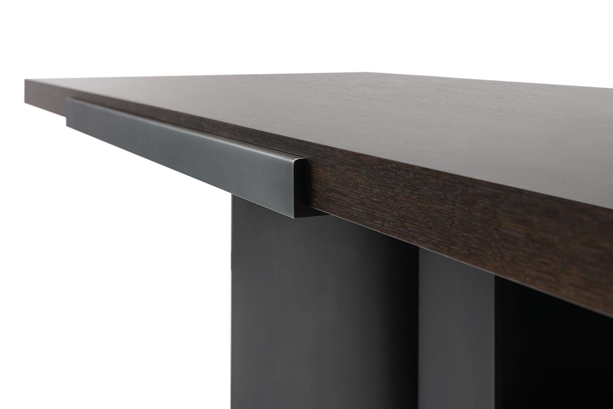 American Luma Design Workshop Silo Grip Dining Table in Dark Wood and Dark Antique Metal For Sale