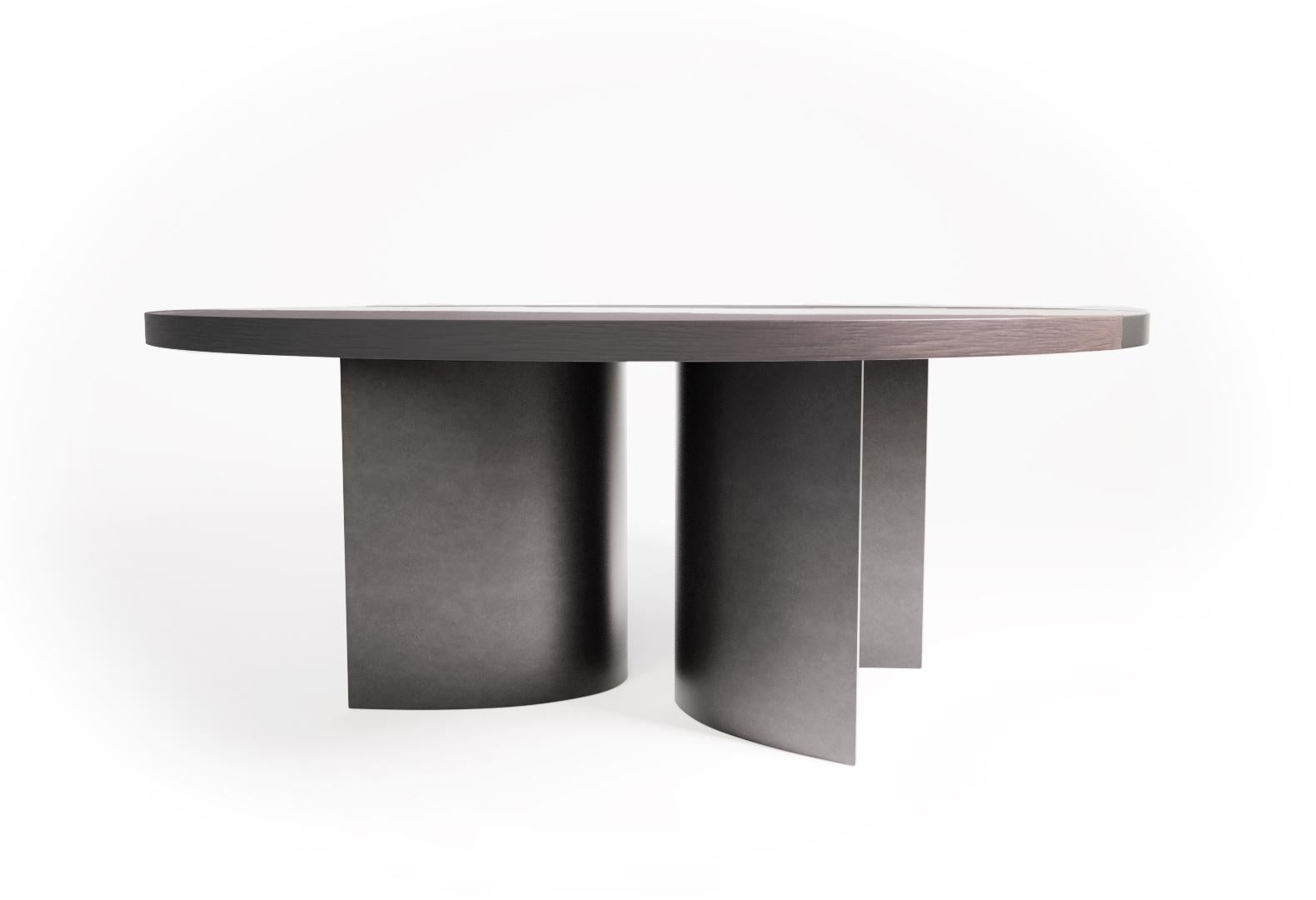 Modern LUMA Design Workshop Silo Round Dining Table Dark Brown Wood and Nickel Metal For Sale