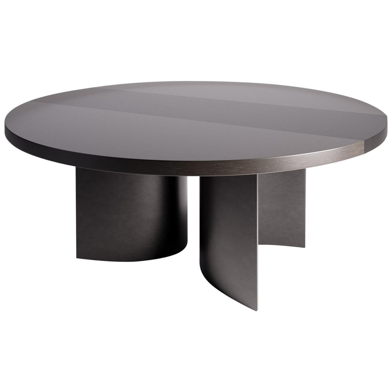 LUMA Design Workshop Silo Round Dining Table Dark Brown Wood and Nickel Metal For Sale