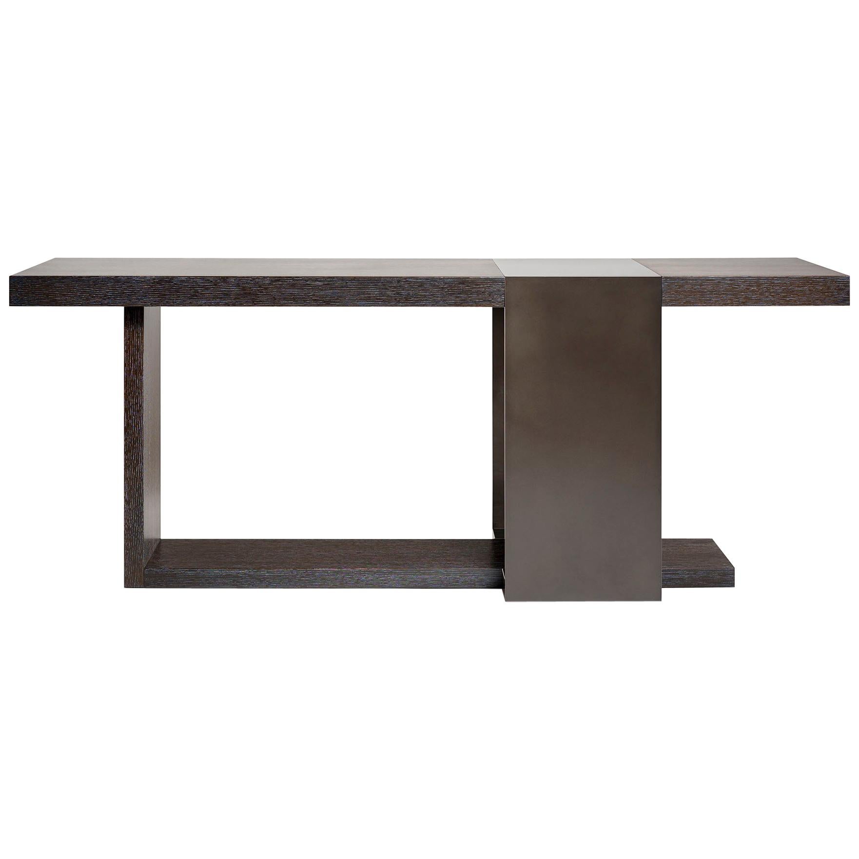 Luma Design Workshop Strap Console Table in Black Metal and Dark Cerused Wood For Sale