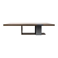 Oak Wood and Black Antique Metal Dining Table