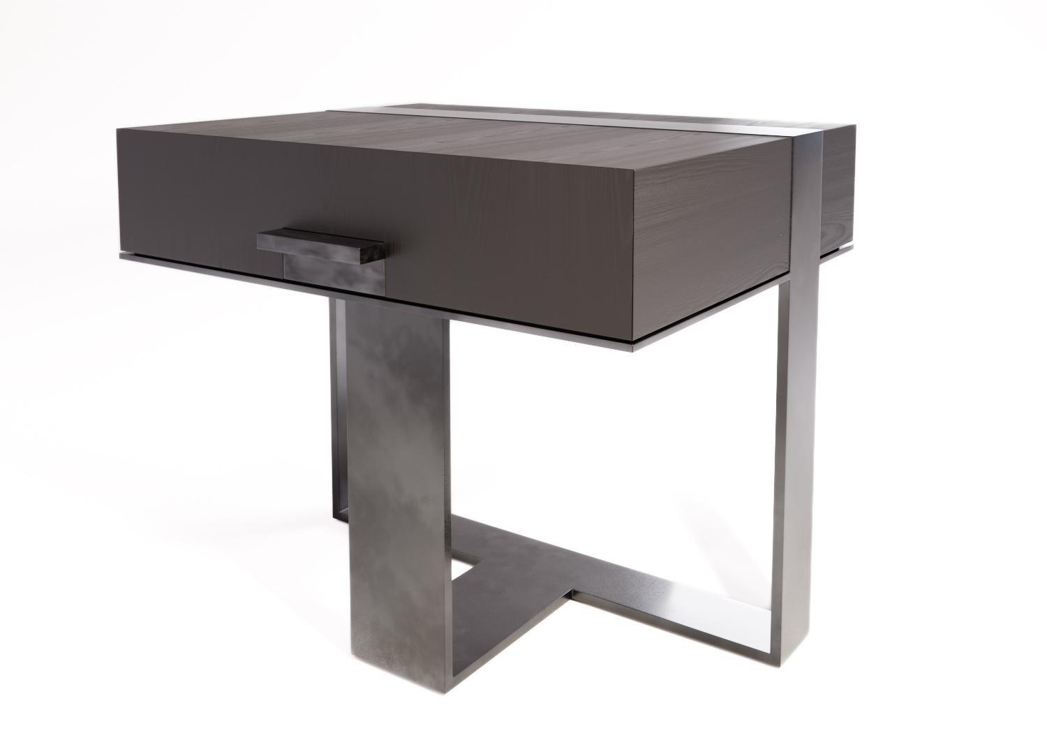 The LUMA Design Workshop strap nightstand is the result of thoughtful design and expert craftsmanship. A truffle oak top and drawer is supported by an antique steel strap leg and base. The hardware is also antique steel.

Like all LUMA Furniture,