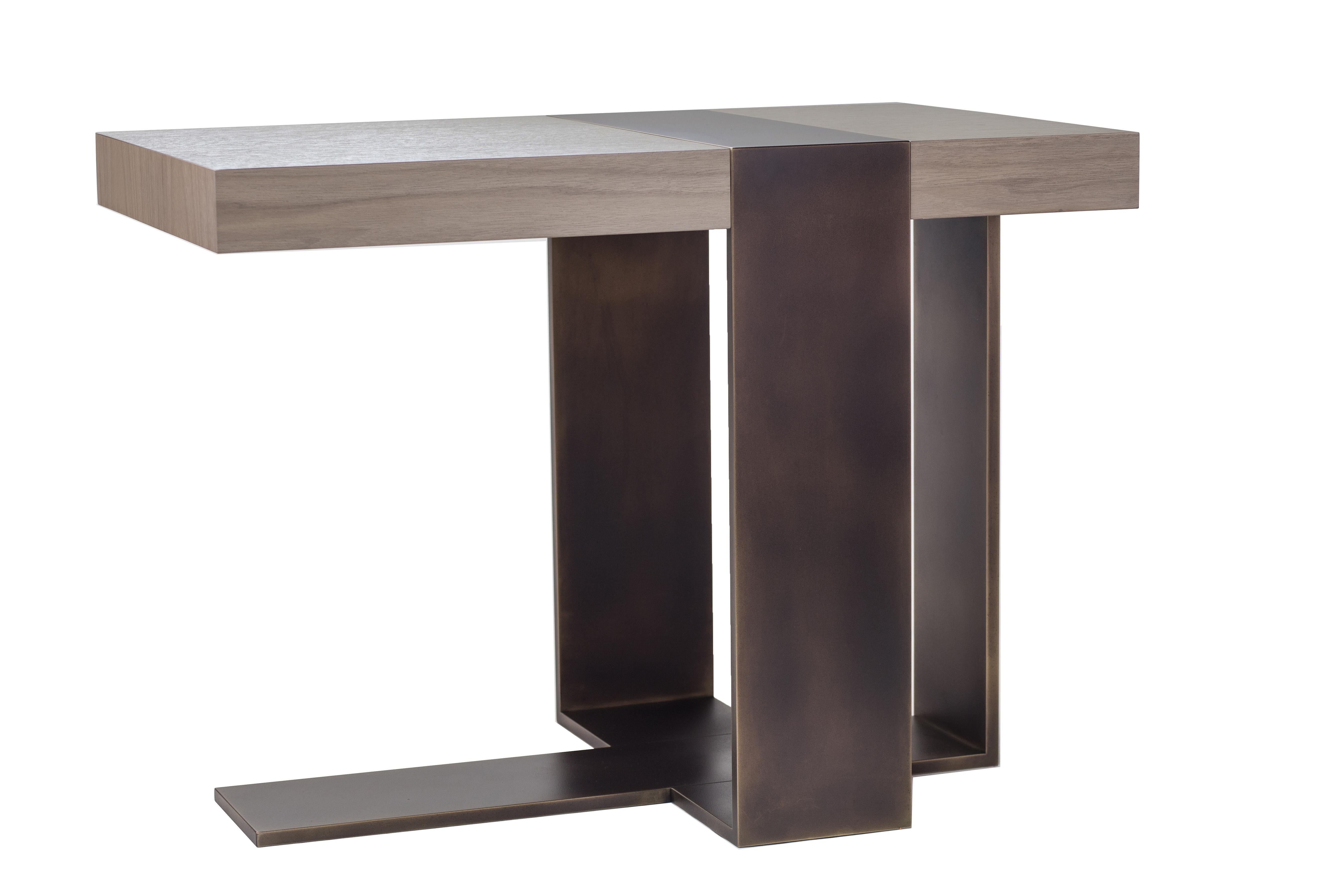 Modern LUMA Design Workshop Strap Occasional Table in Light Gray Wood & Bronze Metal For Sale