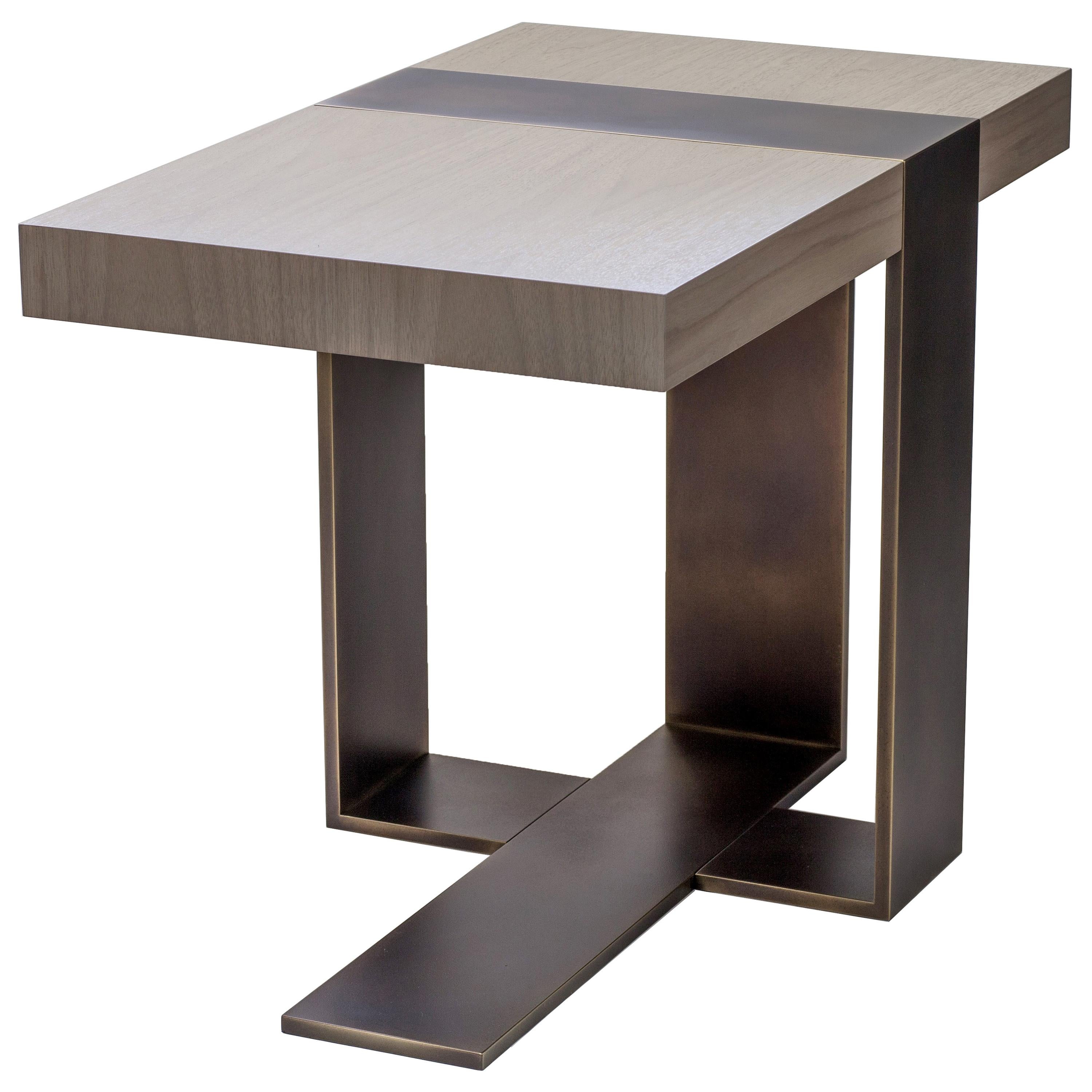 LUMA Design Workshop Strap Occasional Table in Light Gray Wood & Bronze Metal For Sale