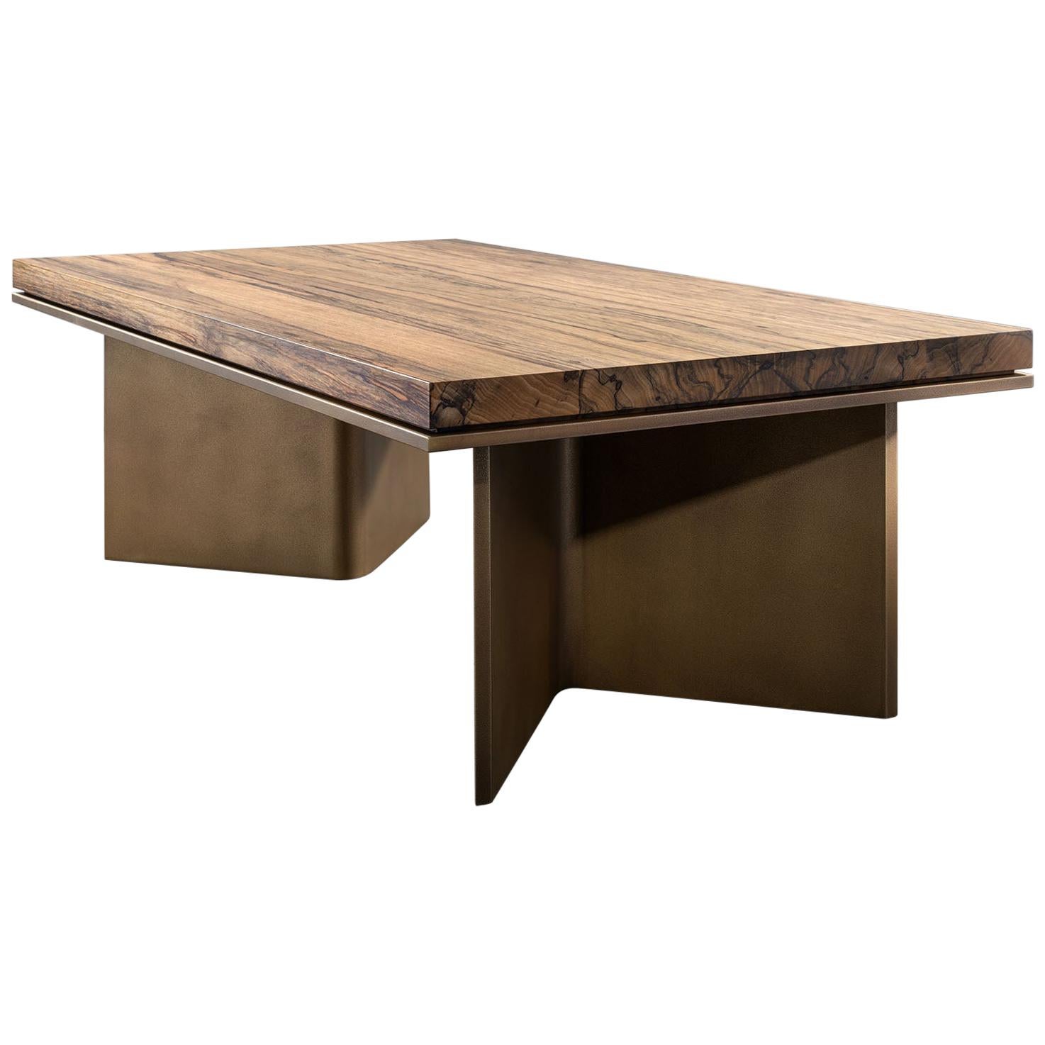 LUMA Design Workshop "V" Coffee Table in Bronze Texture Metal and Light Hardwood For Sale