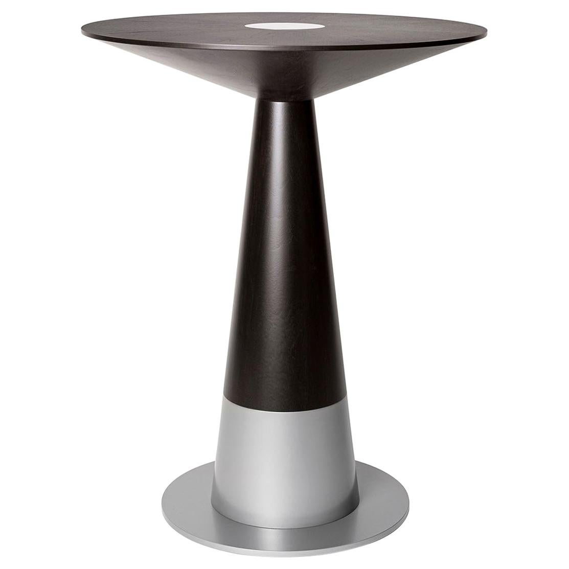 LUMA Silo Bar Pedestal Round Table with Dark Wood and Nickel Powder Coat Metal For Sale