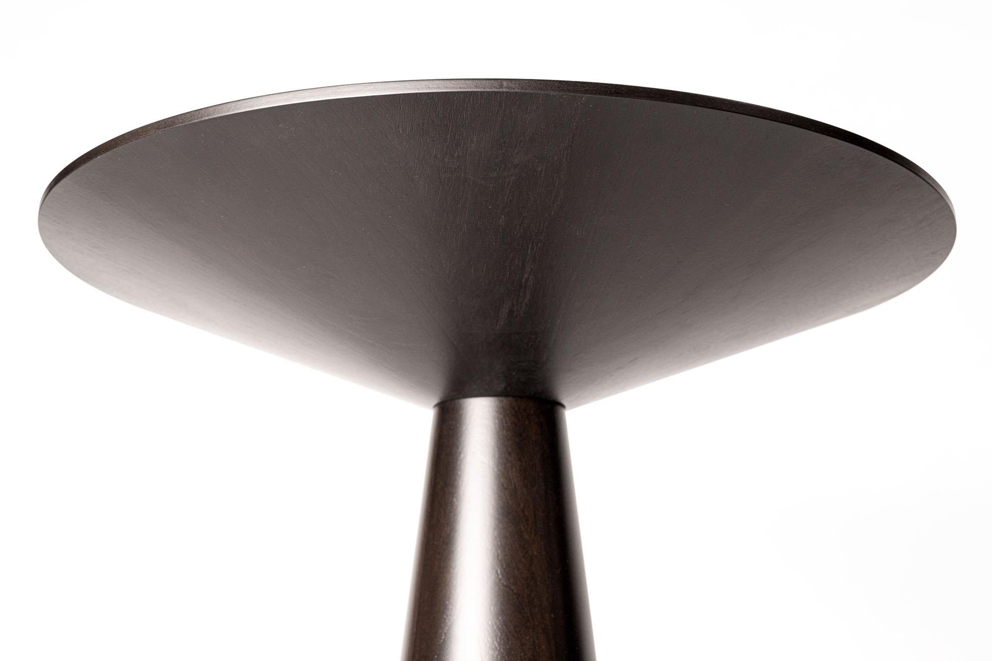 LUMA Silo Bar Pedestal Round Table with Dark Wood and Nickel Powder Coat Metal For Sale 1