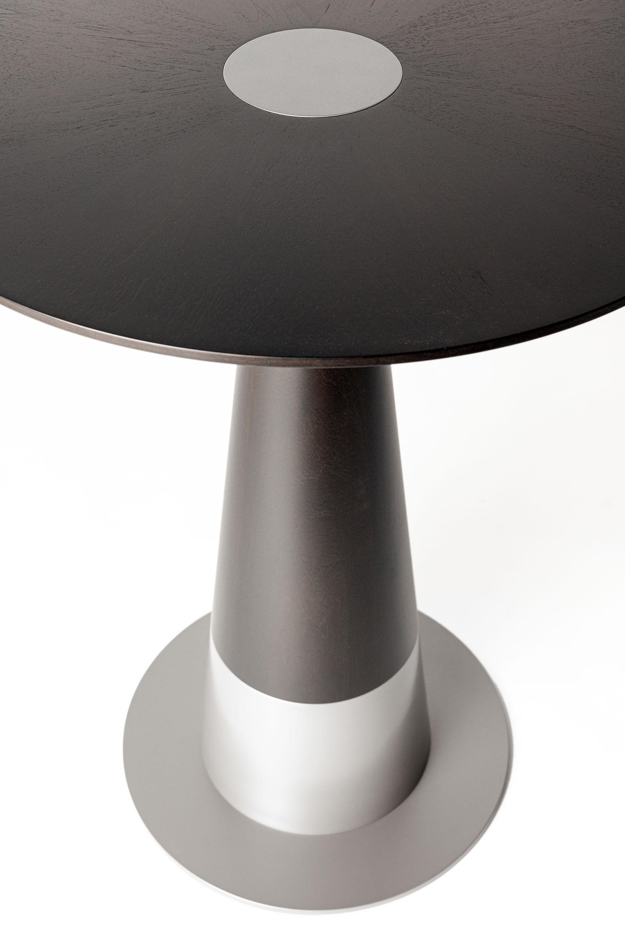 LUMA Silo Bar Pedestal Round Table with Dark Wood and Nickel Powder Coat Metal For Sale 2