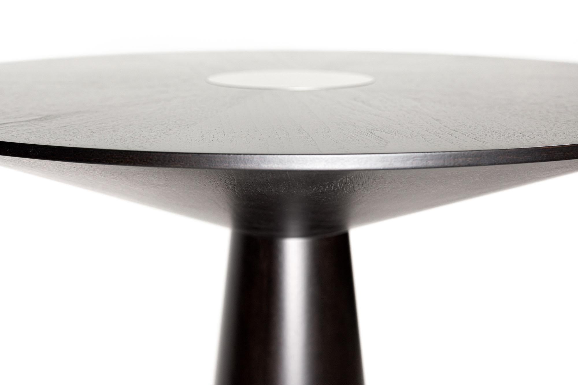 Modern LUMA Silo Bar Pedestal Round Table with Dark Wood and Nickel Powder Coat Metal For Sale
