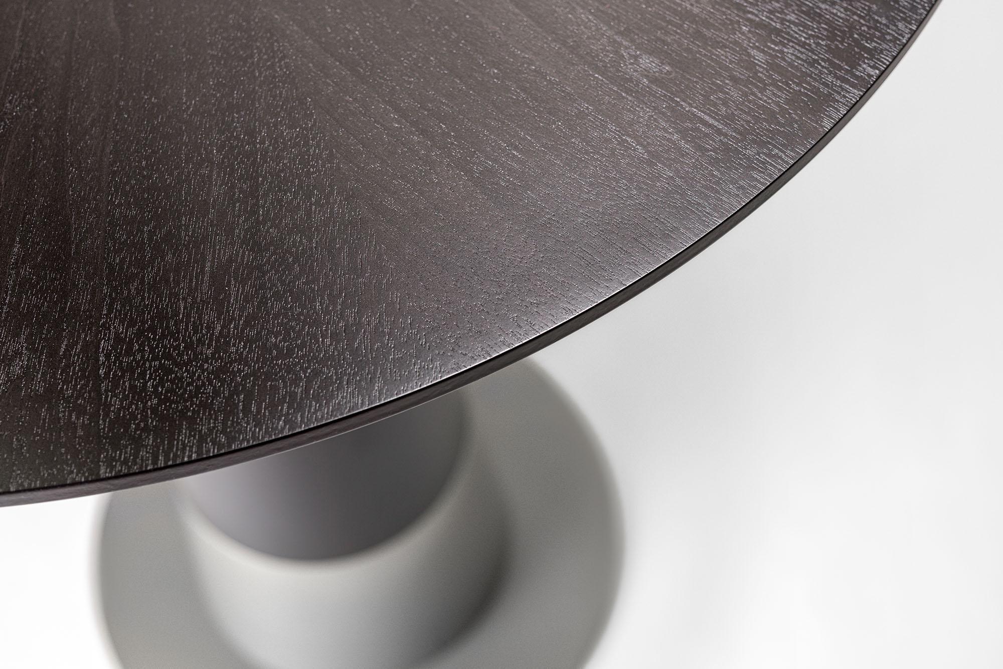 American LUMA Silo Bar Pedestal Round Table with Dark Wood and Nickel Powder Coat Metal For Sale