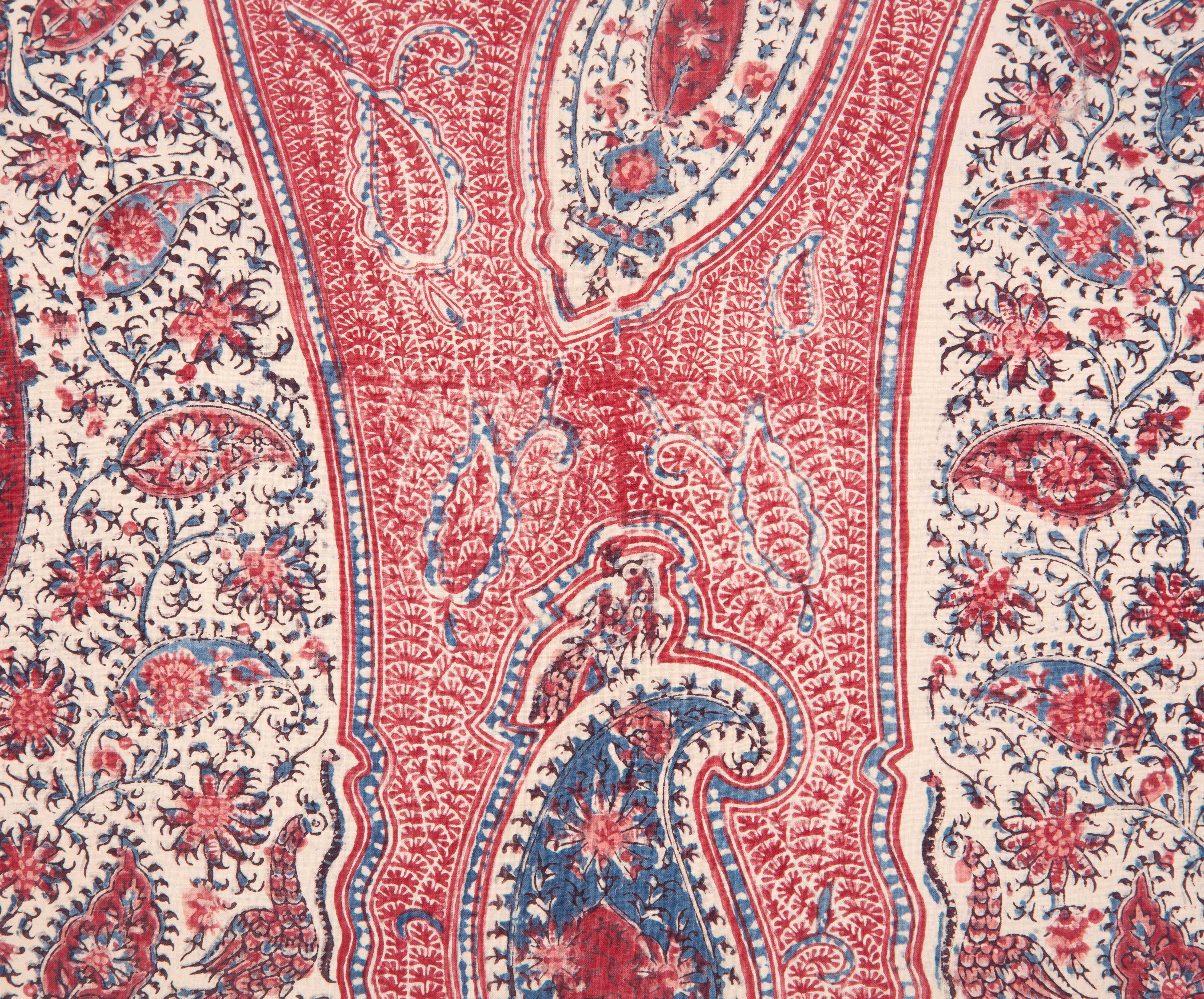 Cotton Lumbar Pillow Case Fashioned from an Antique Indian Qalamkar Panel, 19th Century