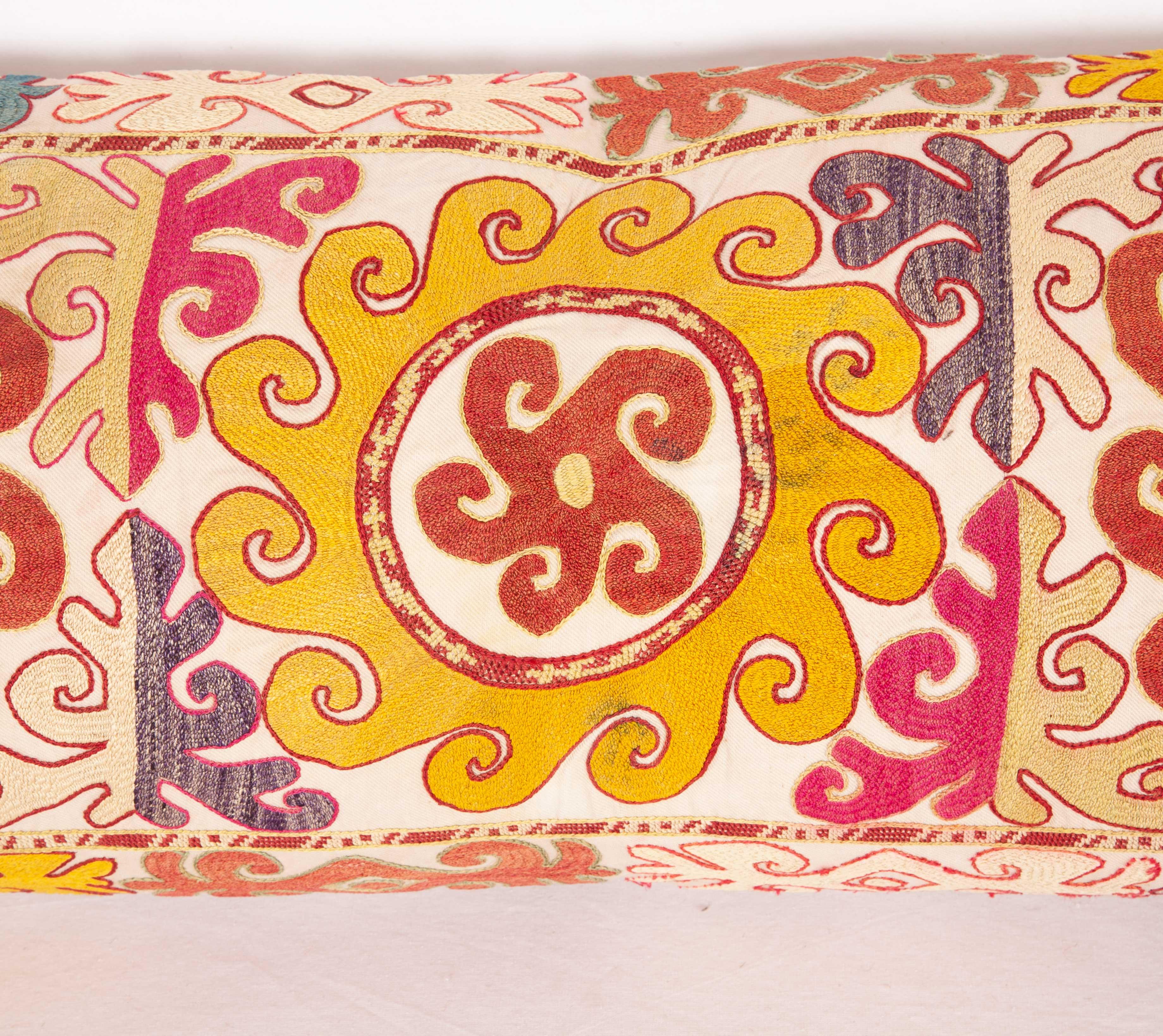 Suzani Lumbar Pillow Case Fashioned from an Uzbek Embroidered Mafrash Panel, Mid-20th C