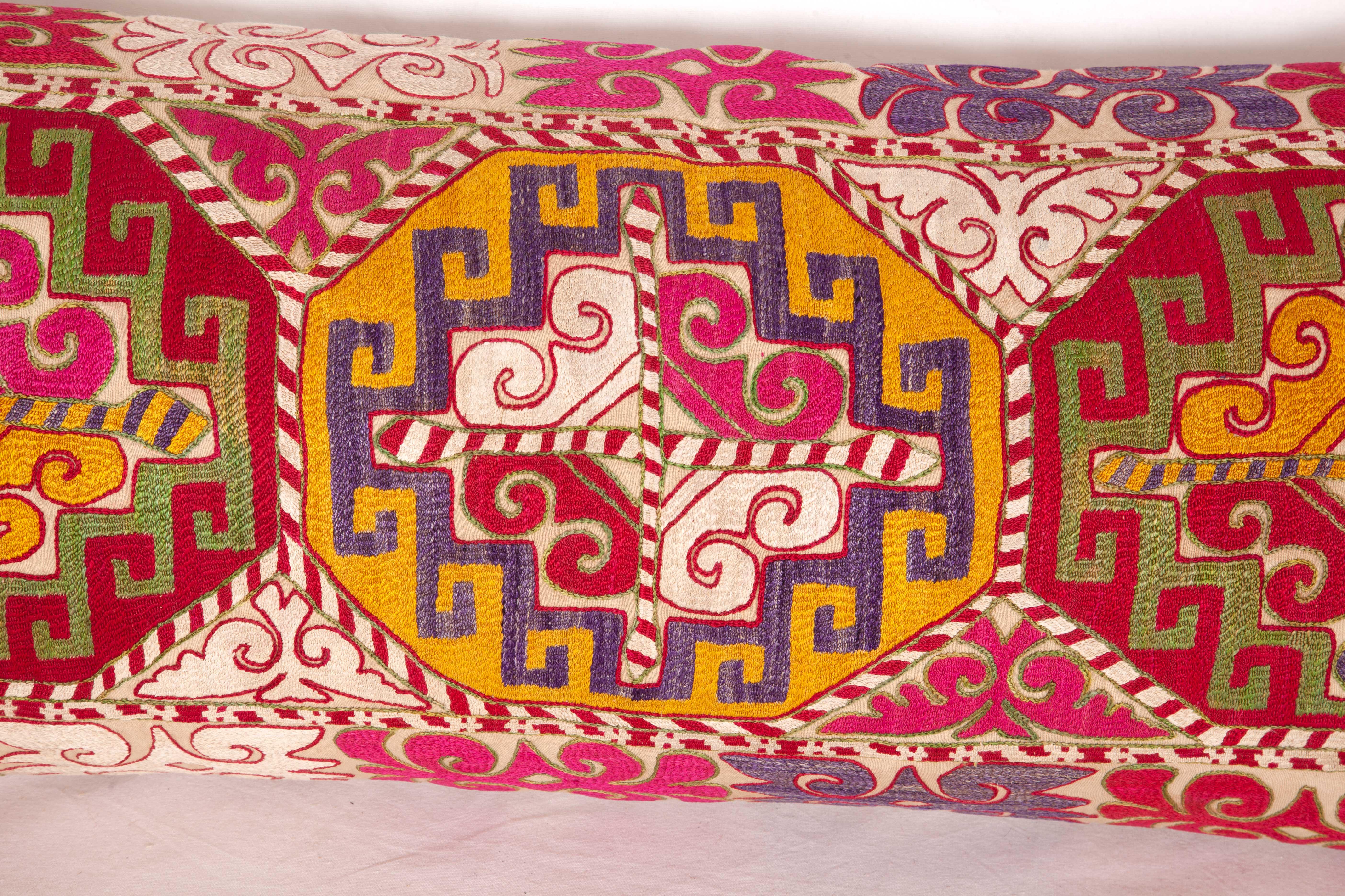 Suzani Lumbar Pillow Case Fashioned from an Uzbek Embroidered Mafrash Panel For Sale