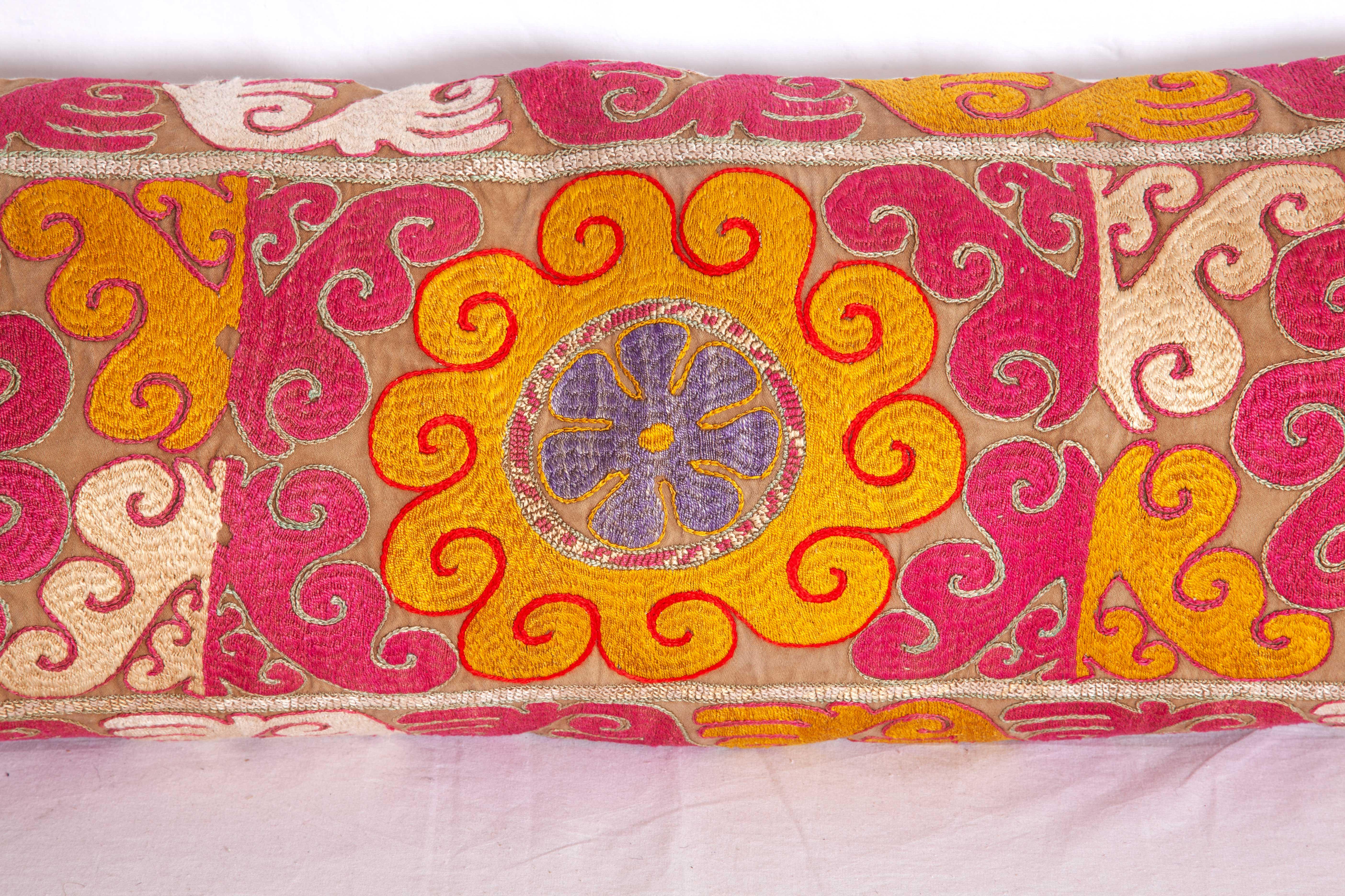 Suzani Lumbar Pillow Case Fashioned from an Uzbek Embroidered Mafrash Panel For Sale