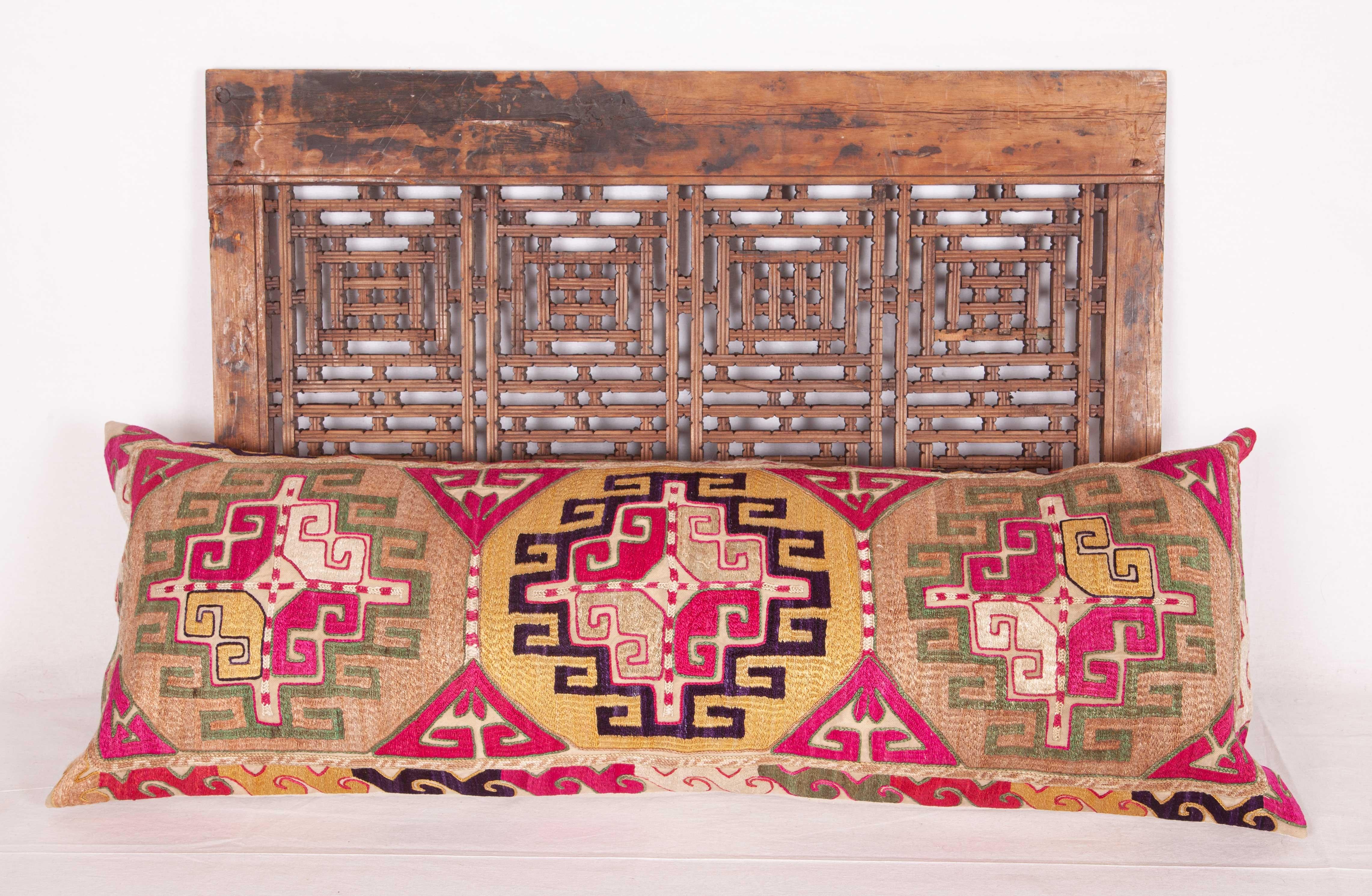 20th Century Lumbar Pillow Case Fashioned from an Uzbek Embroidered Mafrash Panel