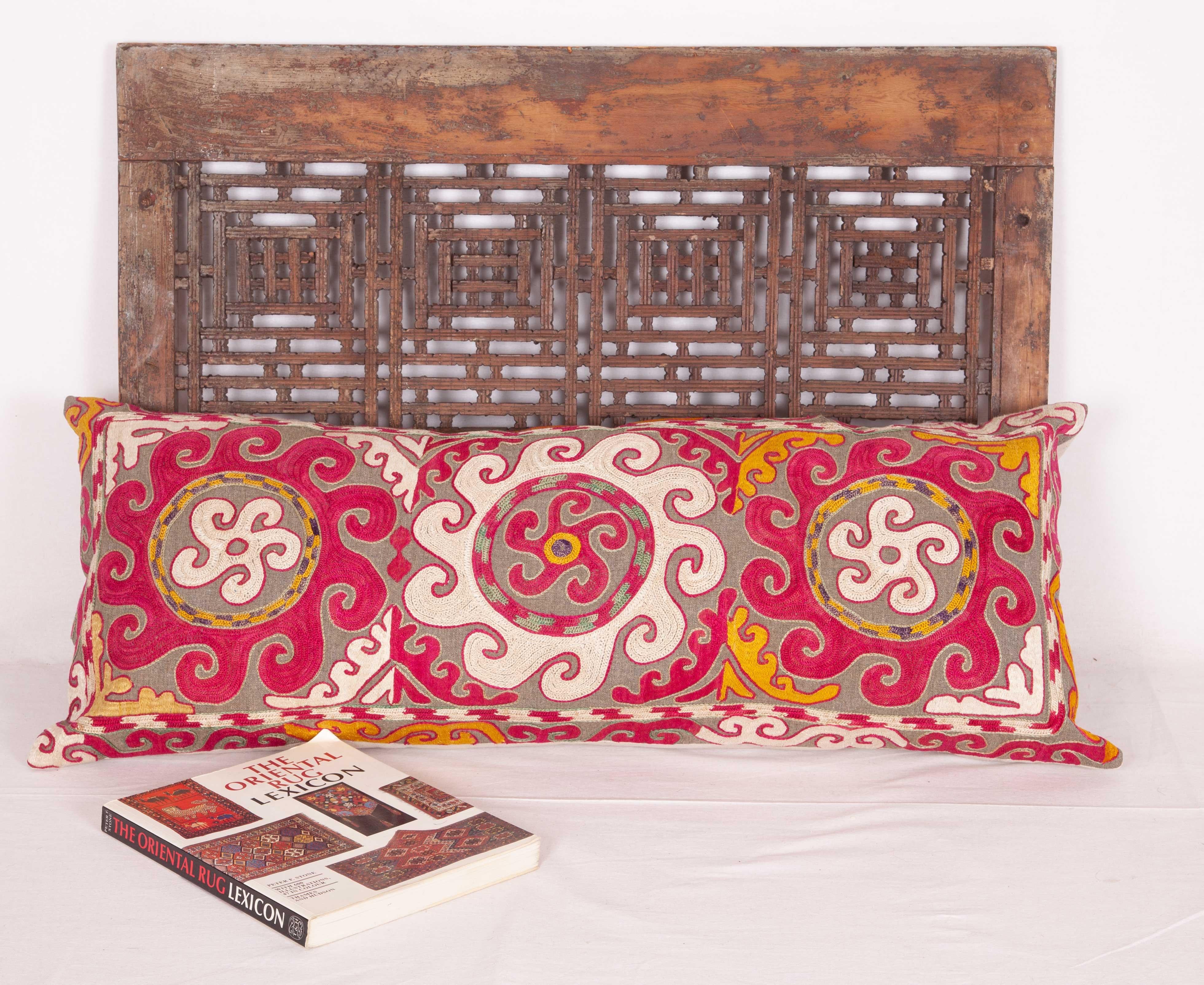 Silk Lumbar Pillow Case Fashioned from an Uzbek Embroidered Mafrash Panel For Sale