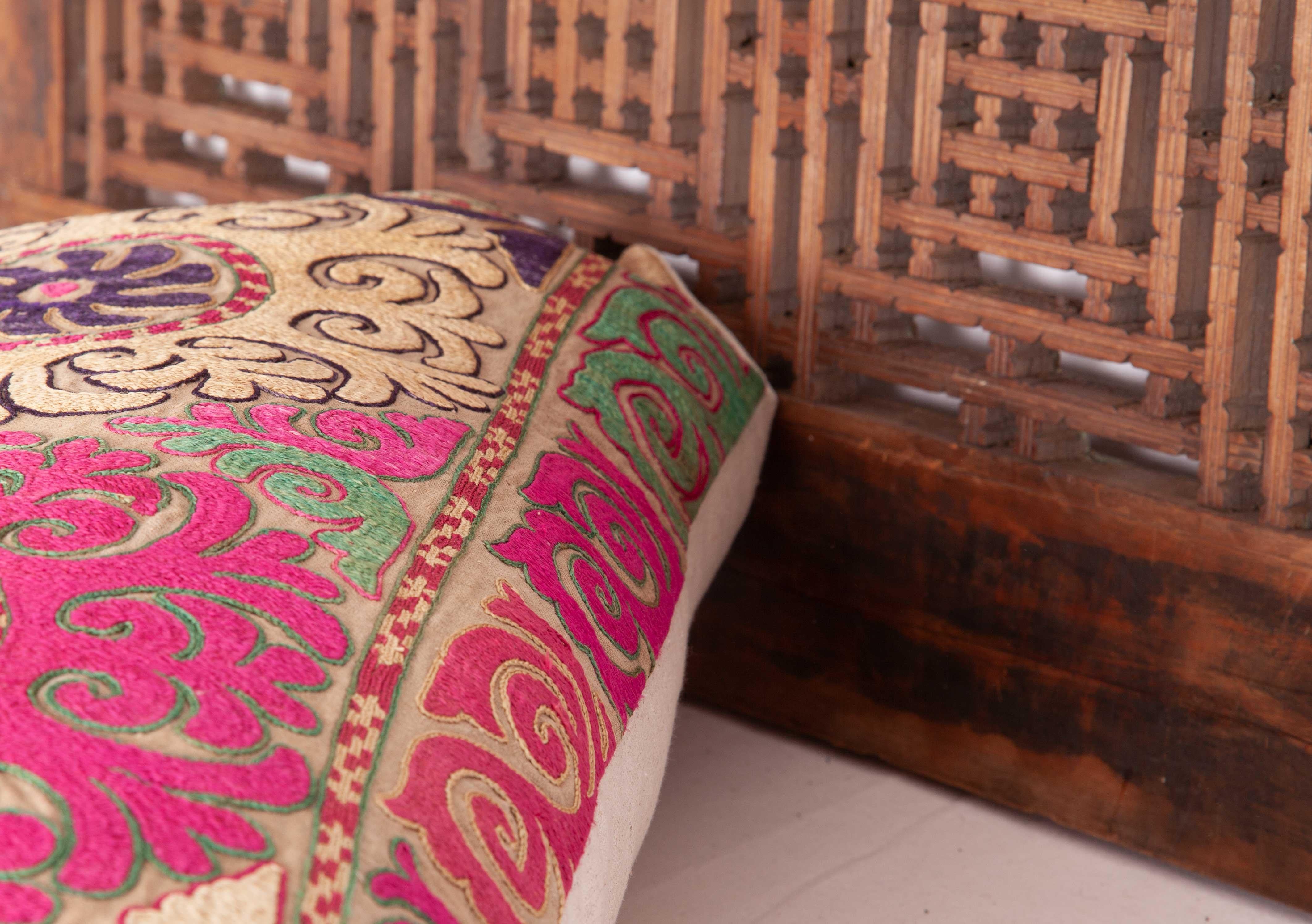 Silk Lumbar Pillow Case Fashioned from an Uzbek Embroidered Mafrash Panel