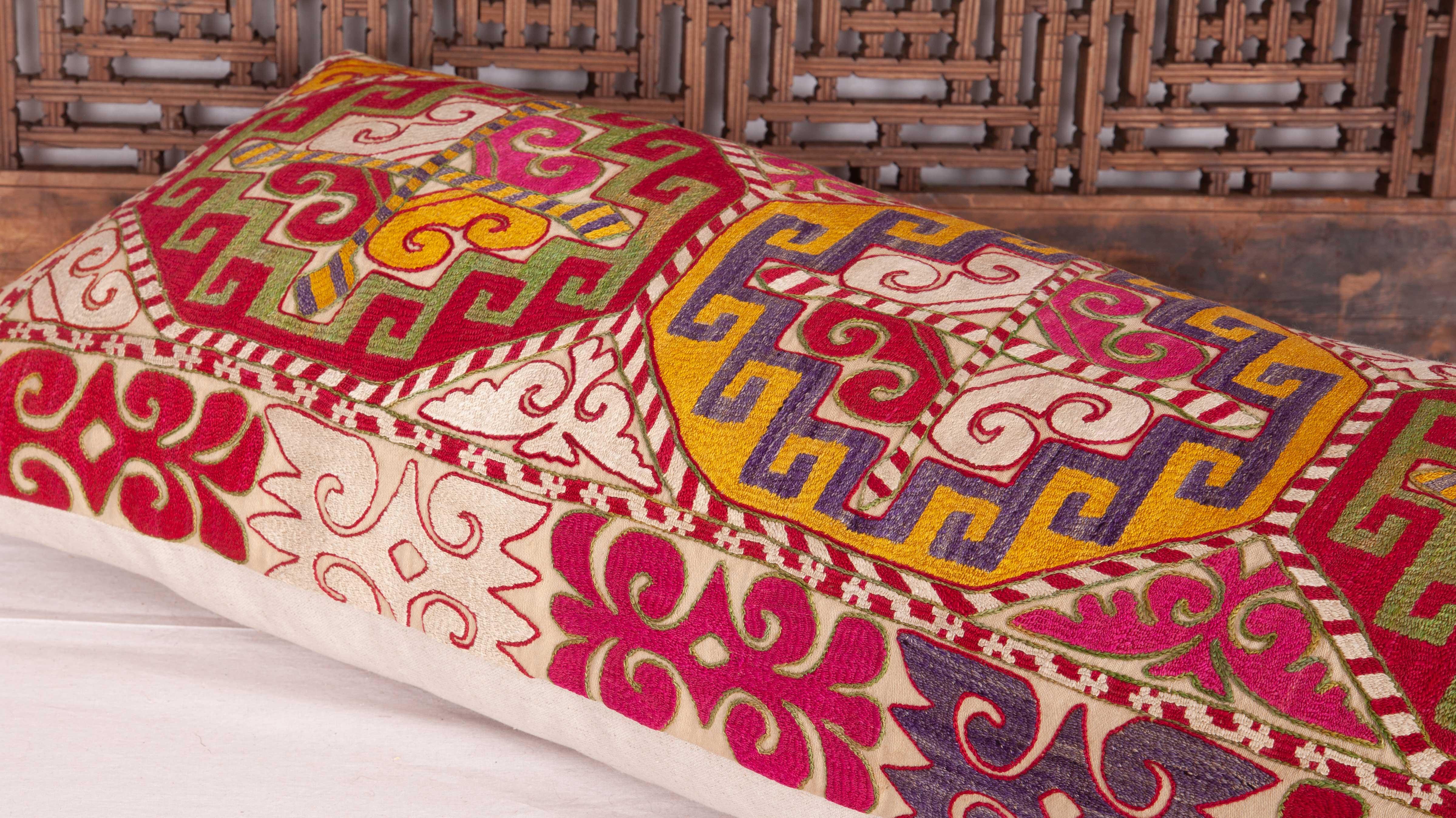 Silk Lumbar Pillow Case Fashioned from an Uzbek Embroidered Mafrash Panel For Sale