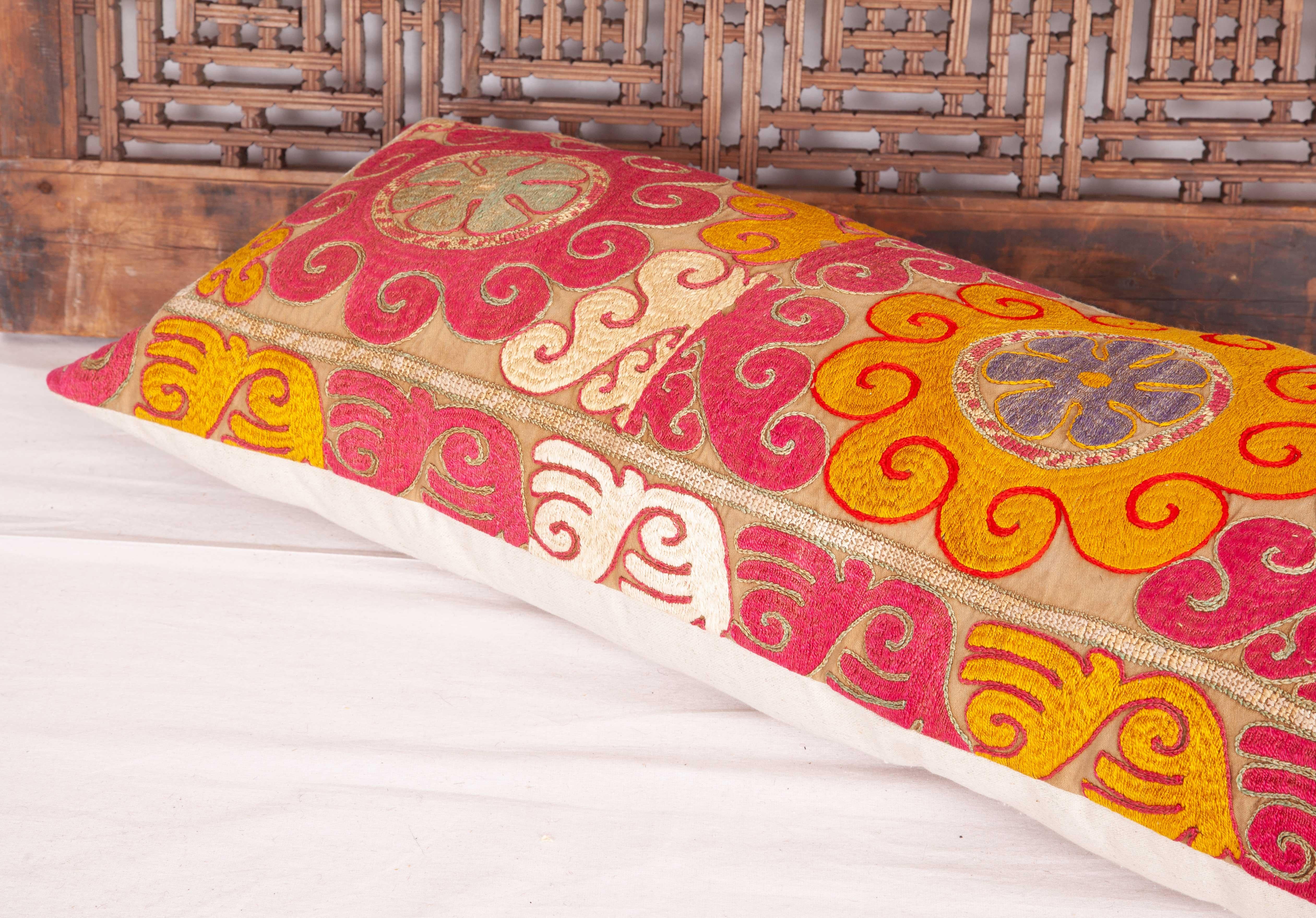 Silk Lumbar Pillow Case Fashioned from an Uzbek Embroidered Mafrash Panel For Sale