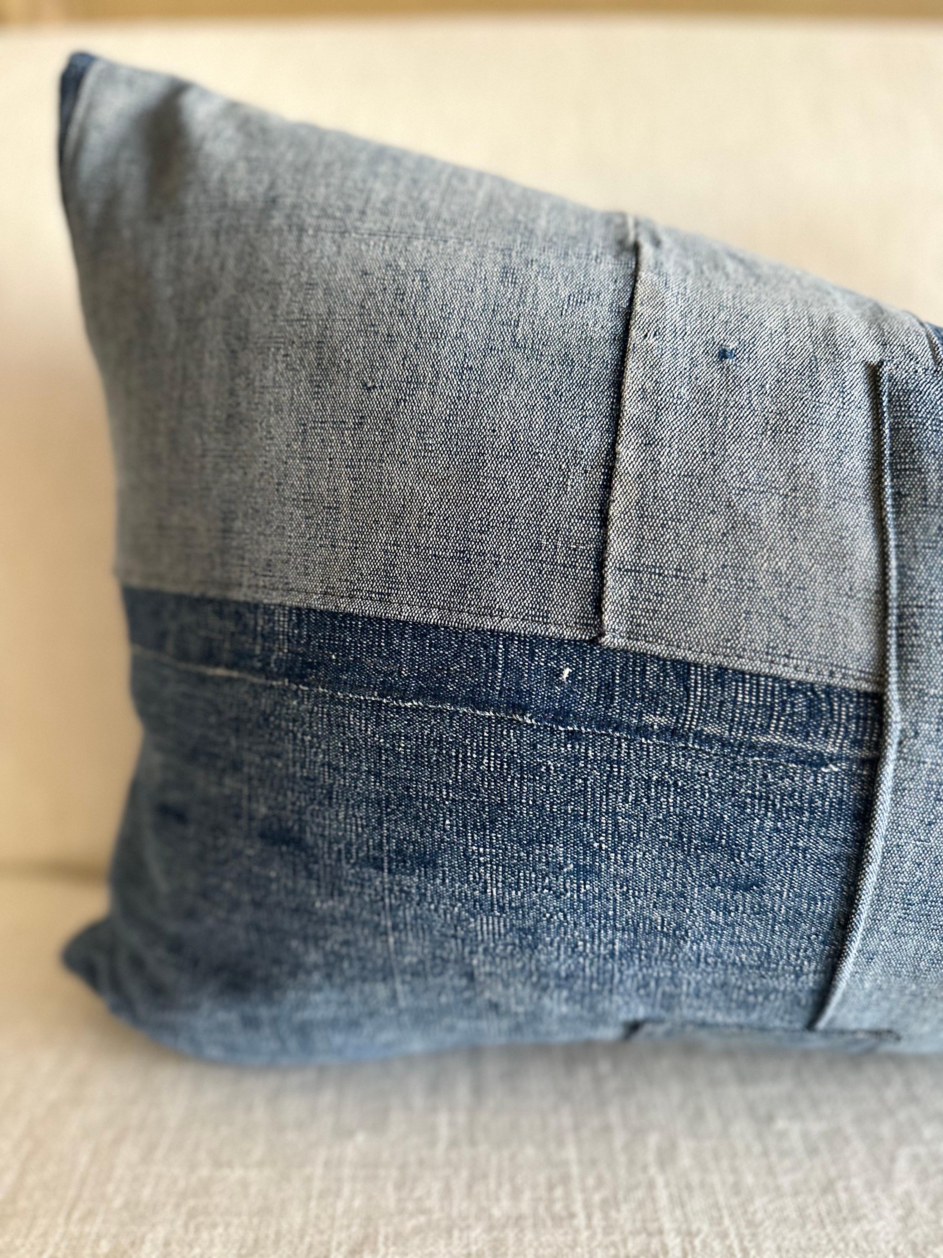 American Lumbar Pillow Made from Vintage Japanese Boro Fabric