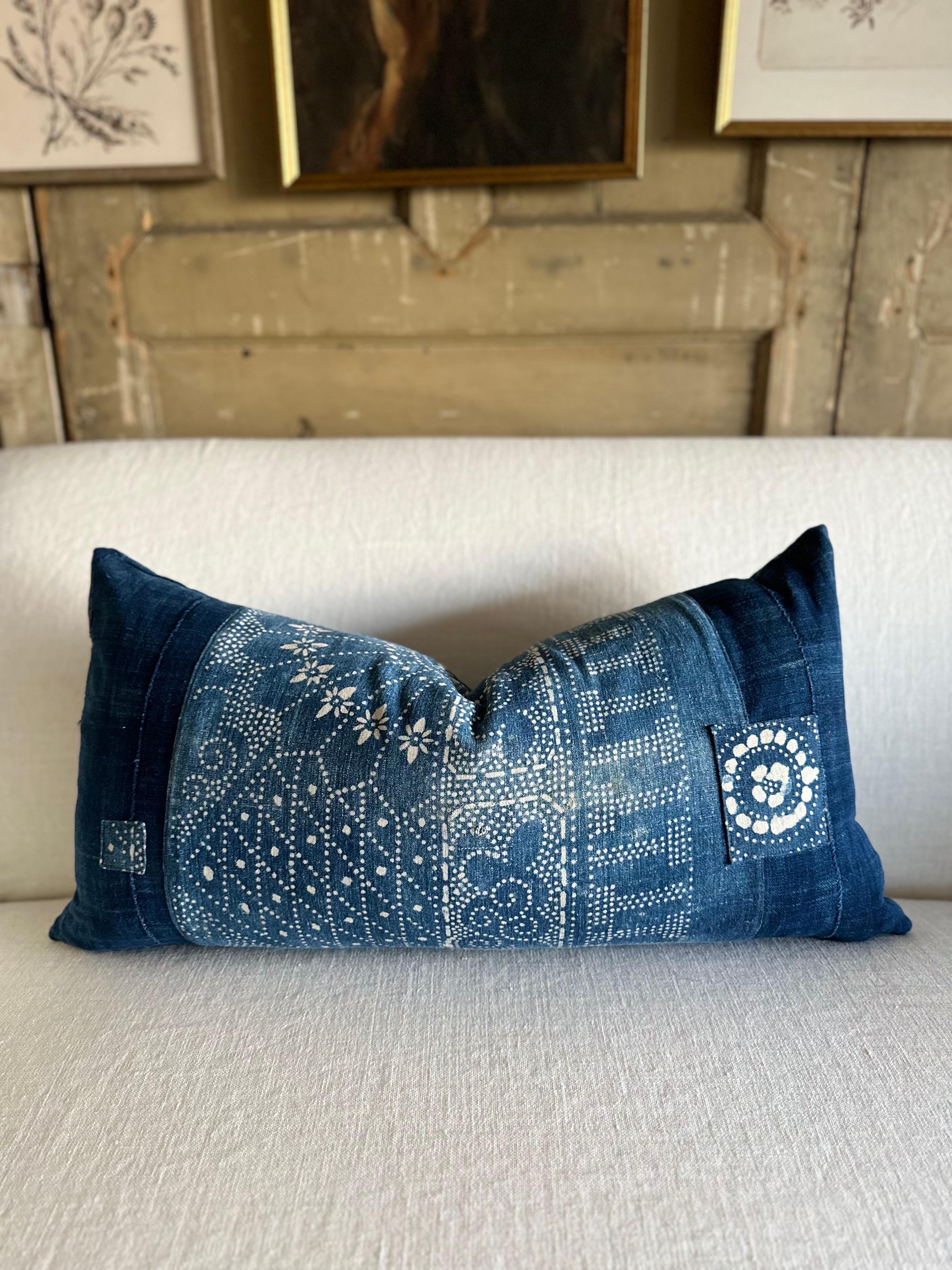 Organic Modern Lumbar Pillow Made from Vintage Japanese Boro Fabric For Sale