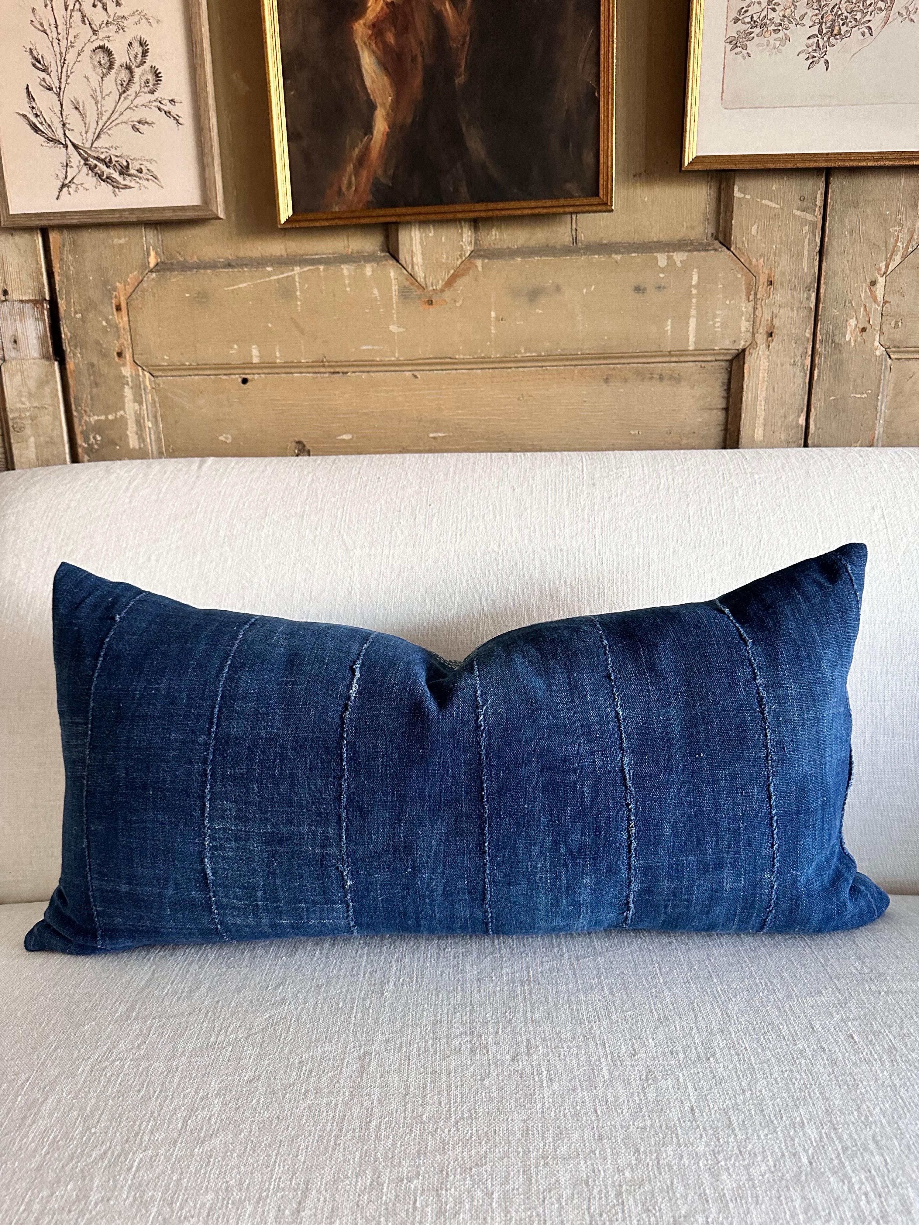 Organic Modern Lumbar Pillow Made from Vintage Japanese Boro Fabric