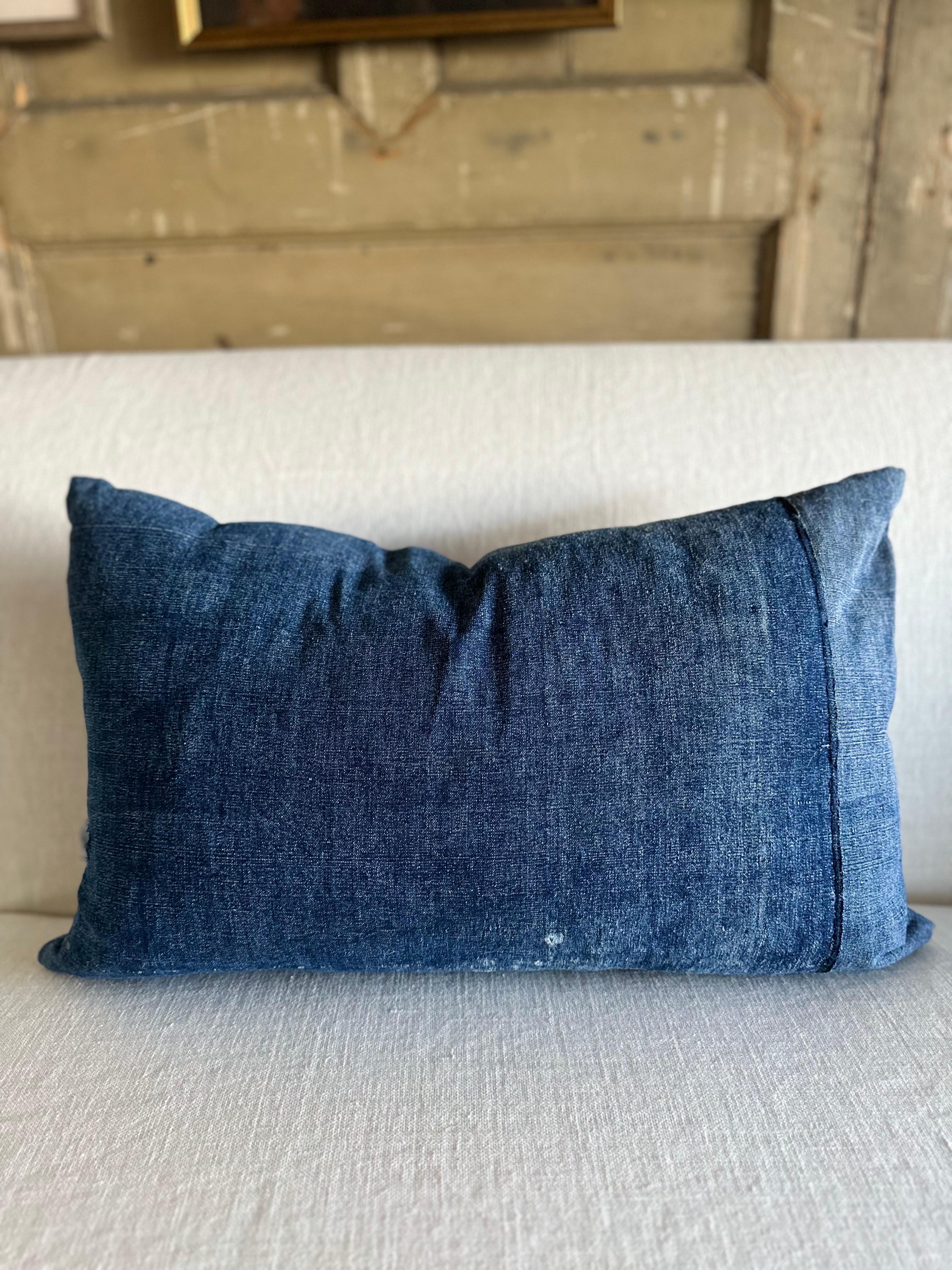 Contemporary Lumbar Pillow Made from Vintage Japanese Boro Fabric