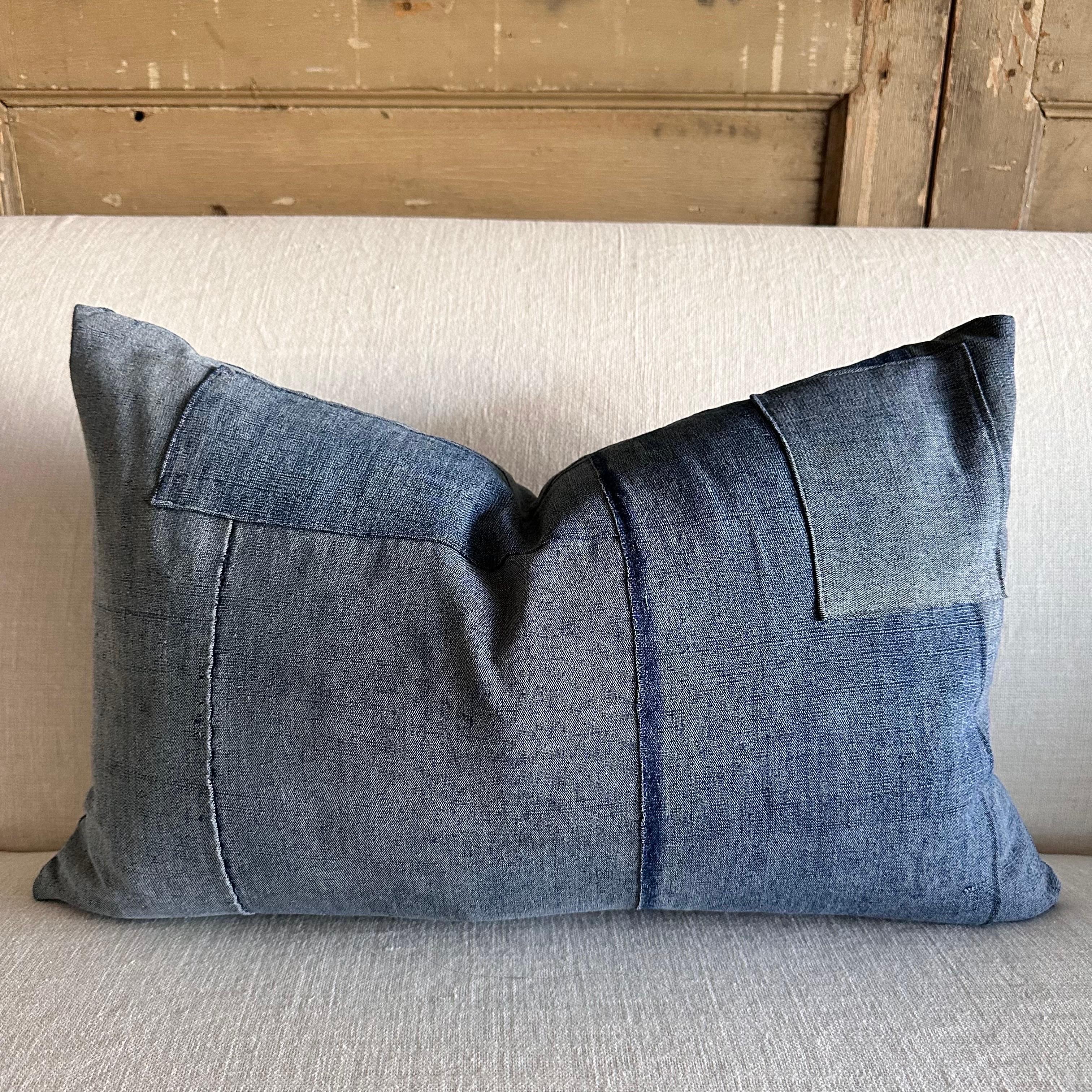 Contemporary Lumbar Pillow Made from Vintage Japanese Boro Fabric