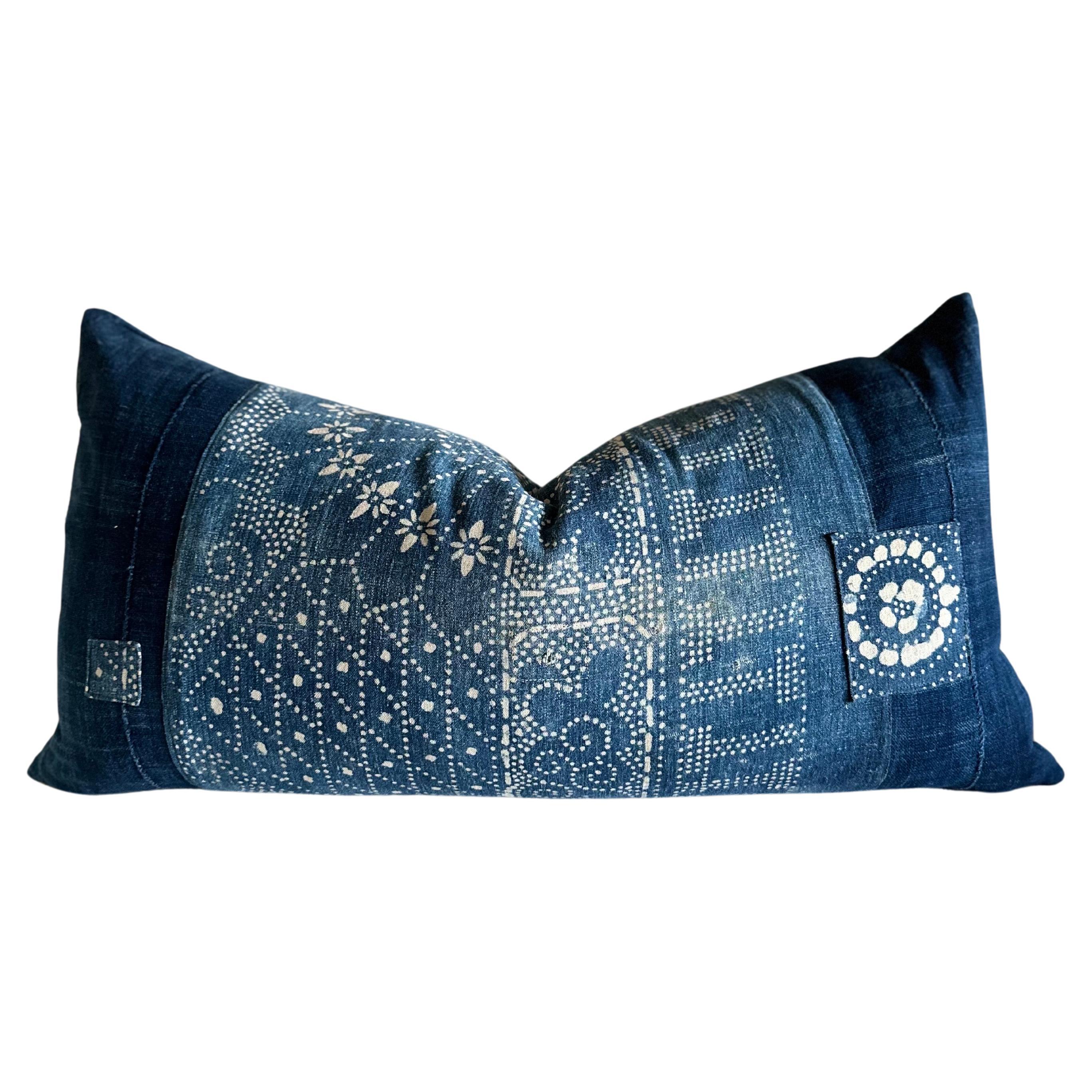 Lumbar Pillow Made from Vintage Japanese Boro Fabric For Sale